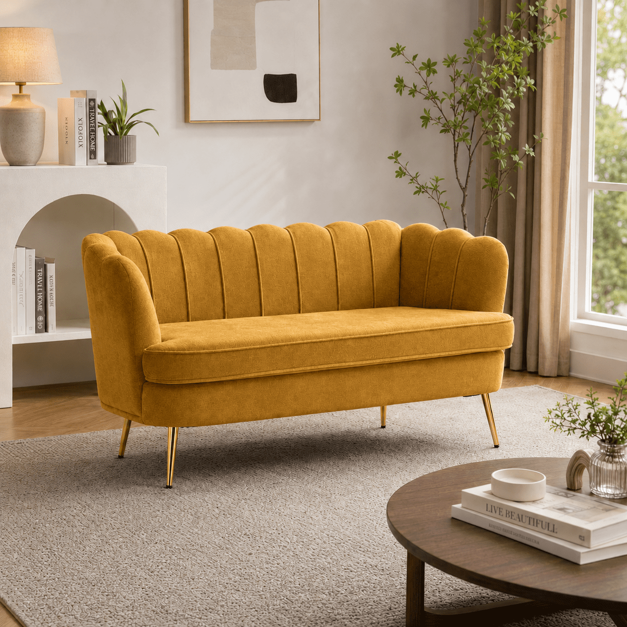 MOONMISS Scallop Tufted Loveseat,Premium Chenille Fabric 2-Seater Sofa with Gold Metal Legs,Curved Back for Living Room/Bedroom,Yellow