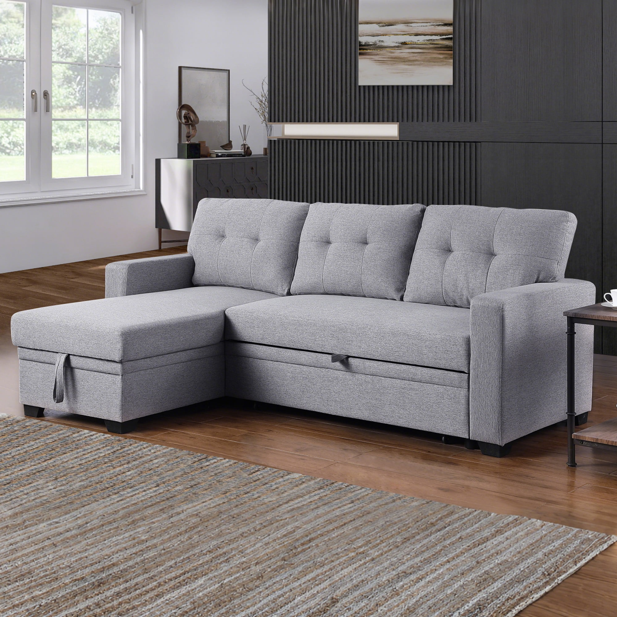 MOONMISS Sectional Sofa Bed with Storage and Soft Seat ,Reversible Pull Out Couch for Living Room,Light Gray