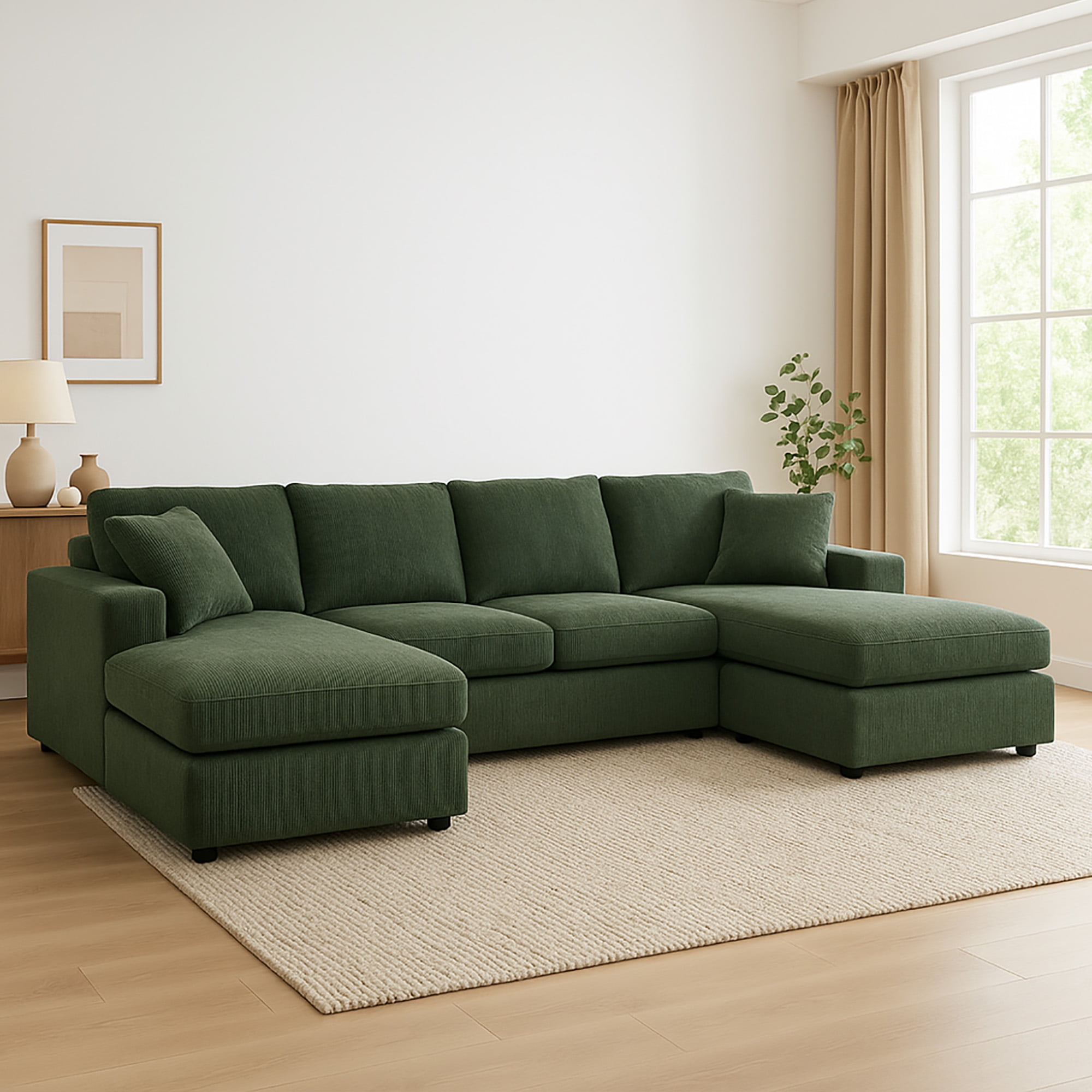 MOONMISS Sectional Sofas with Double Chaise, U-Shaped Cloud Comfy Couches, Green