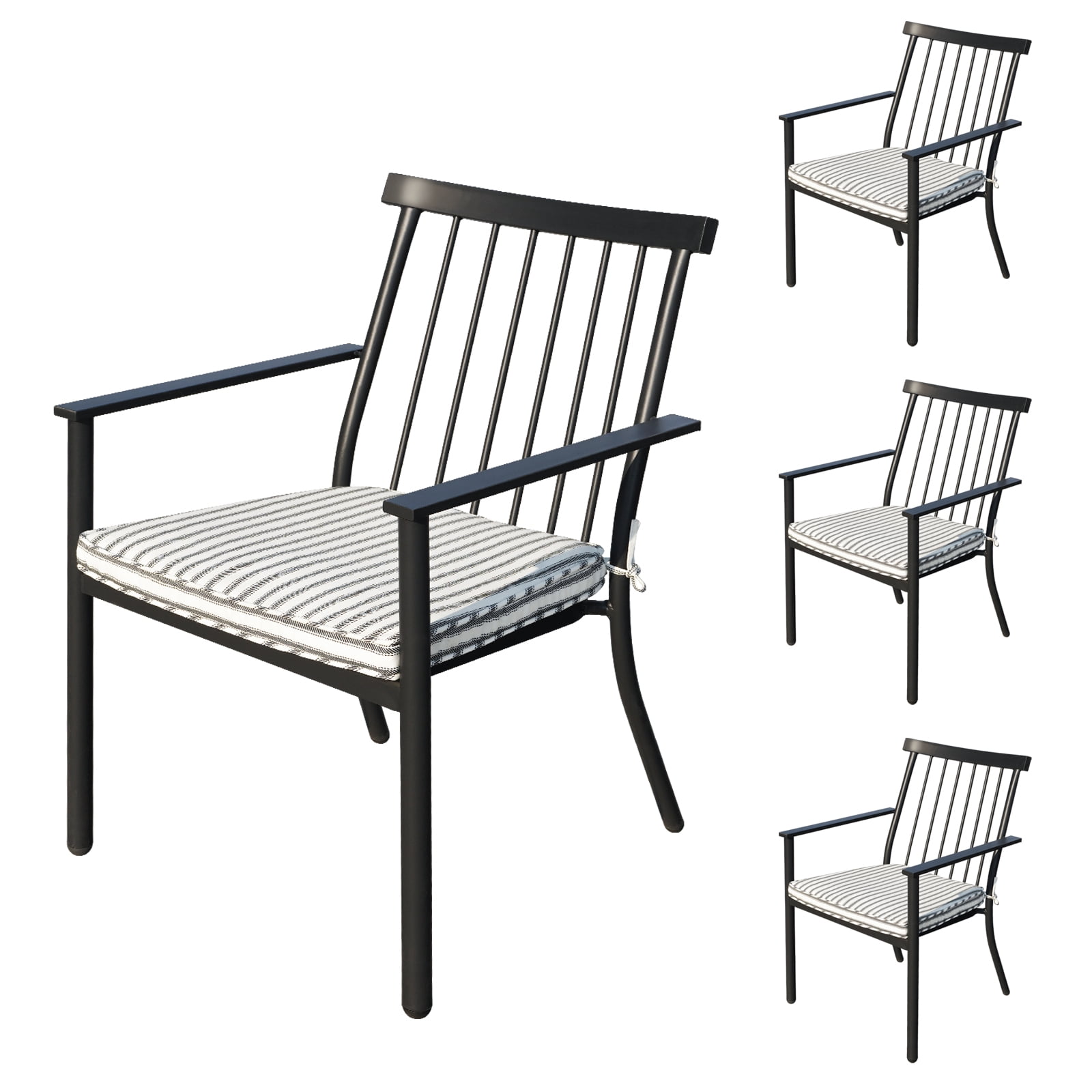 MOONMISS Set of 4 Stackable Wrought Iron Patio Dining Chairs with Cushions,Outdoor Arm Chairs for Porch Lawn Garden Backyard,Black