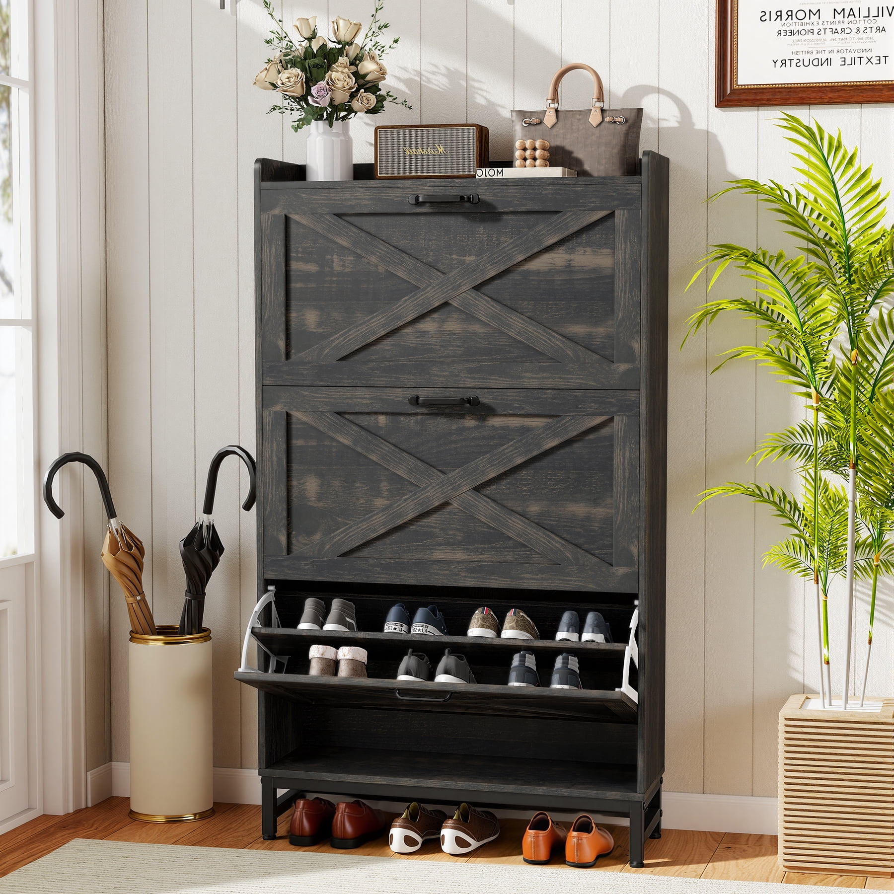 MOONMISS Shoe Storage Cabinet with 3 Flip Drawers and Open Storage,Rustic Wooden Shoe Organizer for Entryway Hallyway