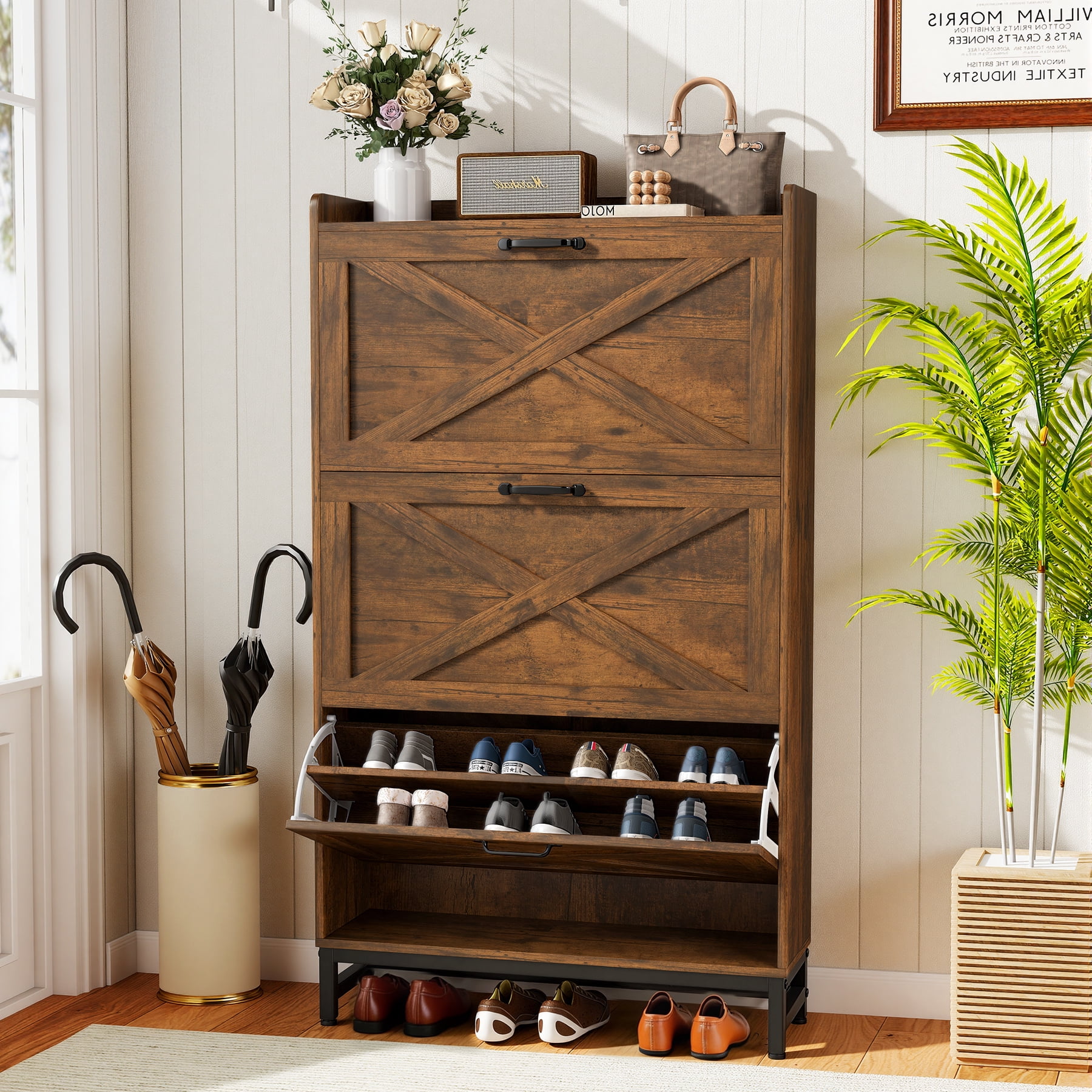 MOONMISS Shoe Storage Cabinet with 3 Flip Drawers and Open Storage,Rustic Wooden Shoe Organizer for Entryway Hallyway