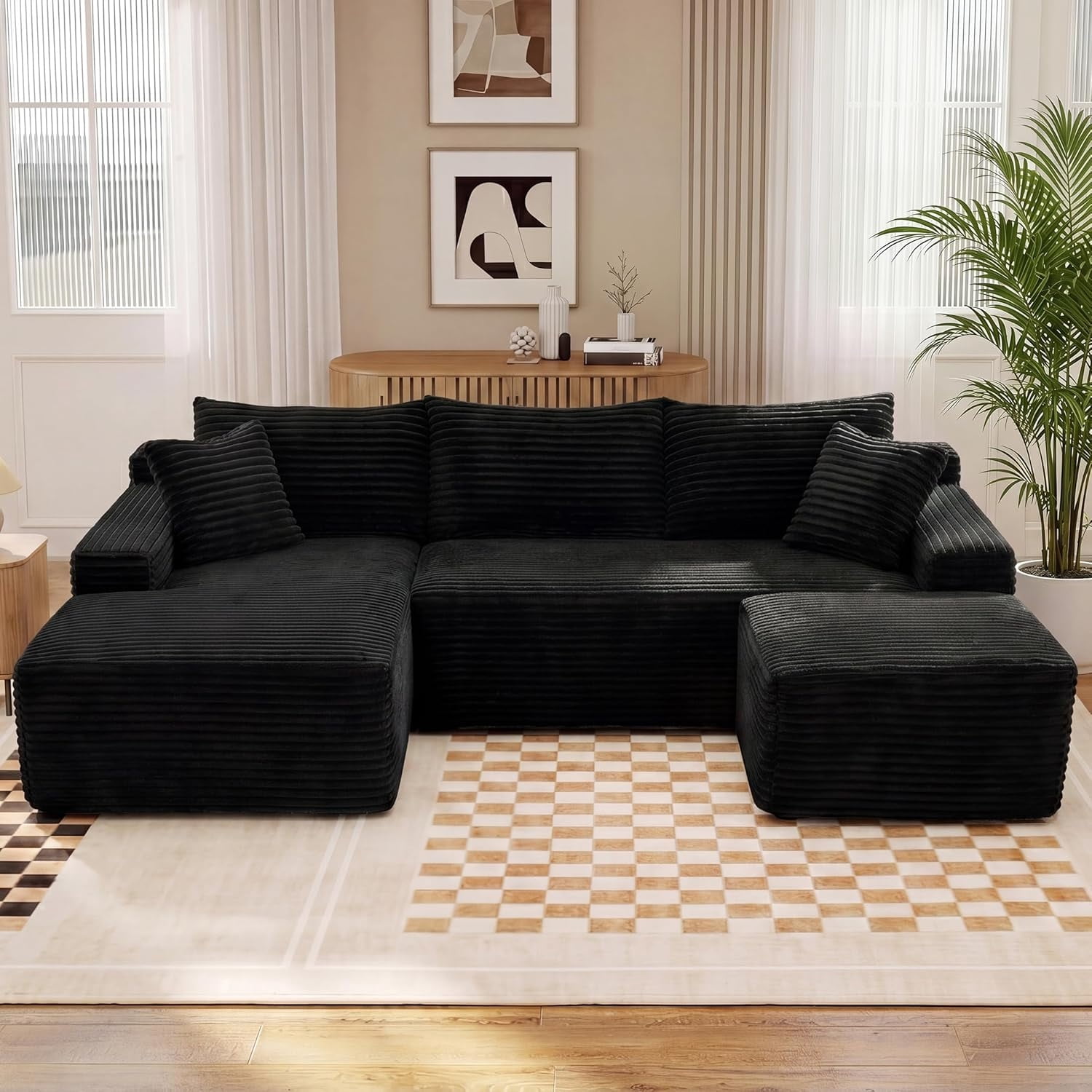 MOONMISS Small Modular Sectional Sofa with Movable Chaise and Ottoman,U-Shaped Boneless Cloud Couch for Living Room Apartment,Black(Left Facing Chaise)