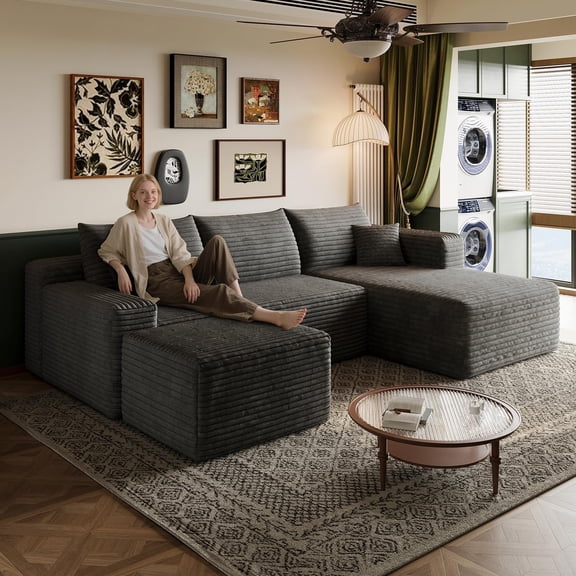 MOONMISS Small Modular Sectional Sofa with Movable Chaise and Ottoman,U-Shaped Boneless Cloud Couch for Living Room Apartment,Gray(Right Facing Chaise)