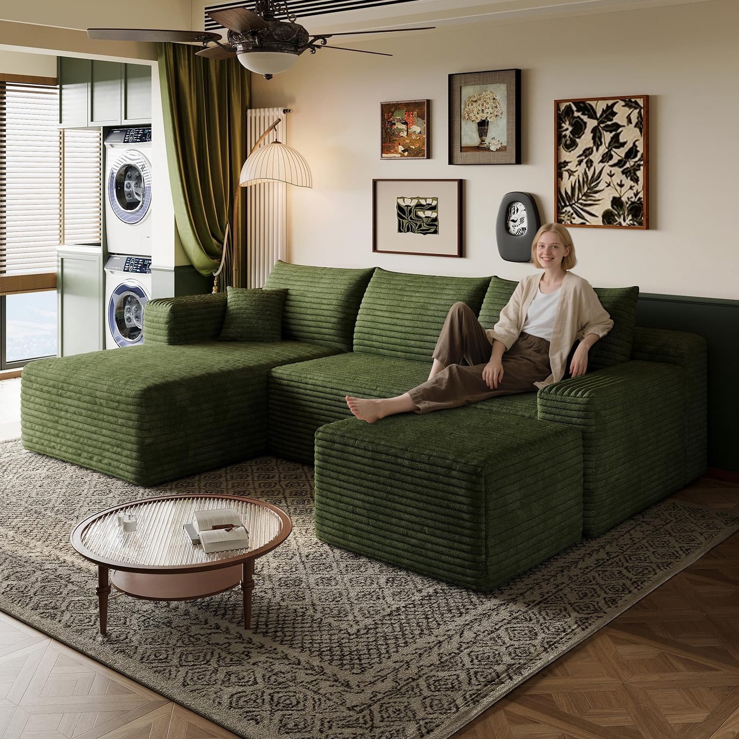 MOONMISS Small Modular Sectional Sofa with Movable Chaise and Ottoman,U-Shaped Boneless Cloud Couch for Living Room Apartment,Green(Left Facing Chaise)