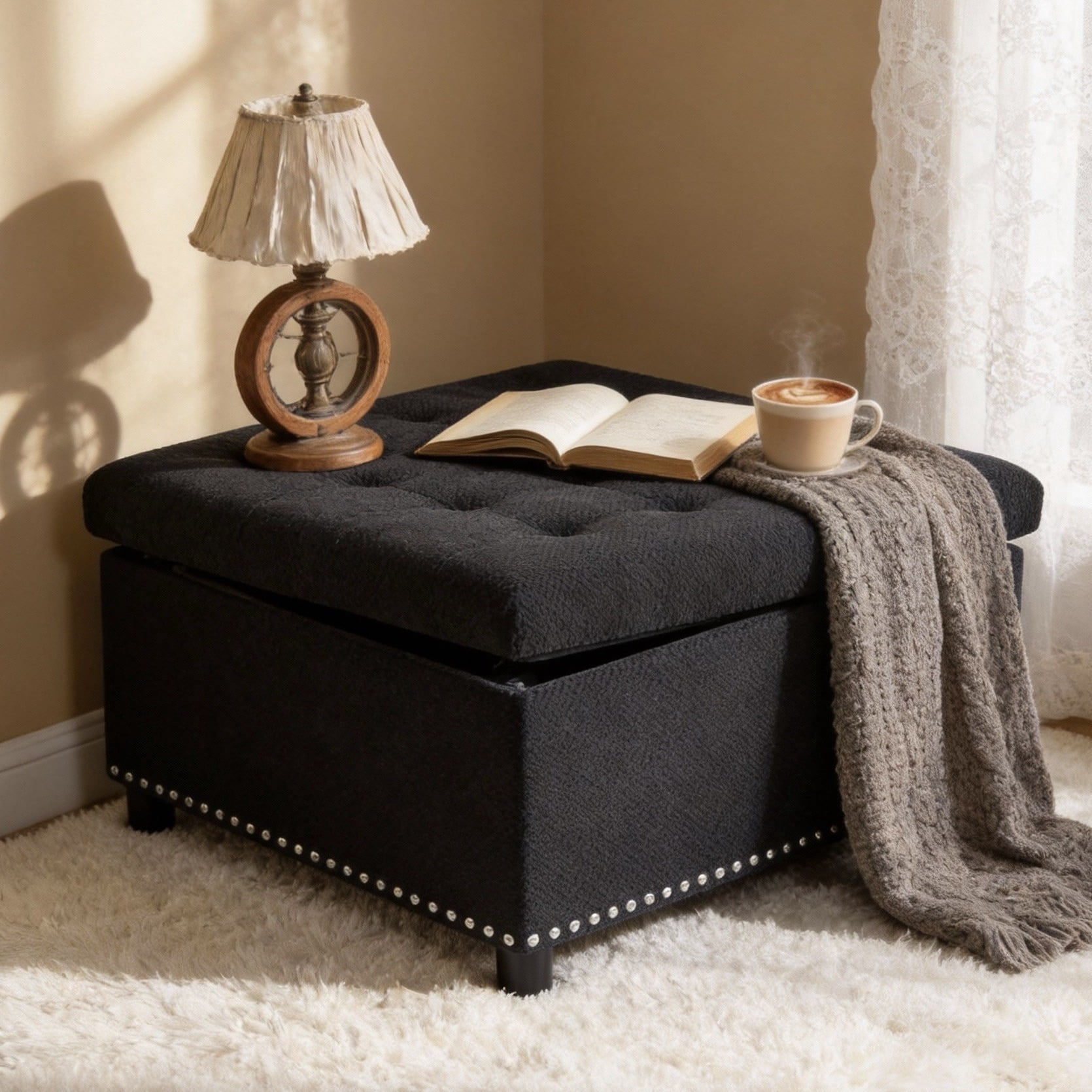 MOONMISS Square Storage Ottoman with Nailhead Trim , Upholstered Coffee Table for Bedroom Storage, Living Room Accent,Black