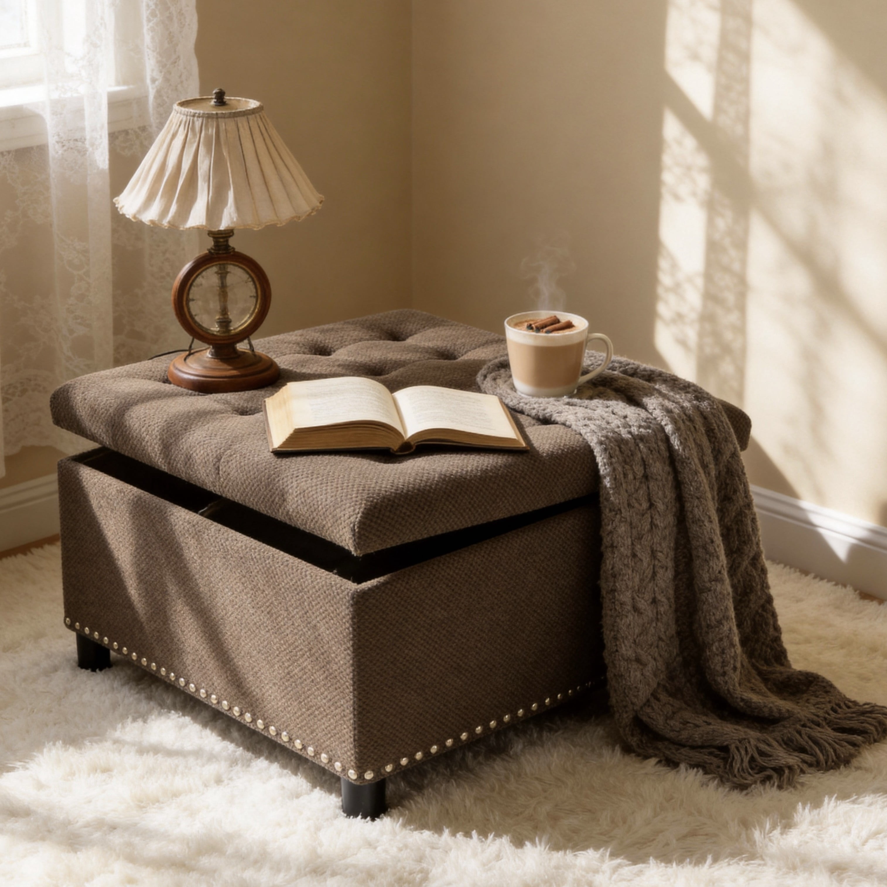 MOONMISS Square Storage Ottoman with Nailhead Trim , Upholstered Coffee Table for Bedroom Storage, Living Room Accent,Coffee