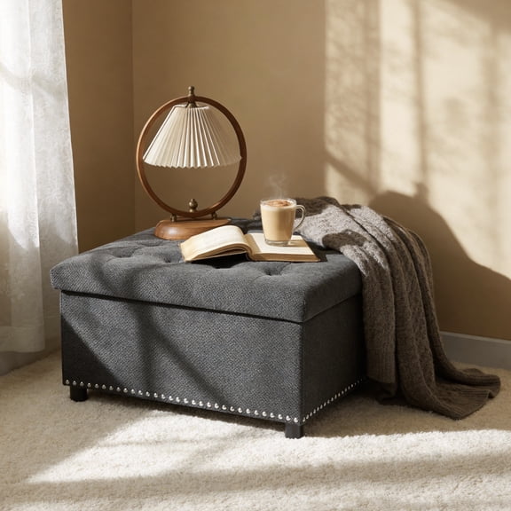 MOONMISS Square Storage Ottoman with Nailhead Trim , Upholstered Coffee Table for Bedroom Storage, Living Room Accent,Dark Gray