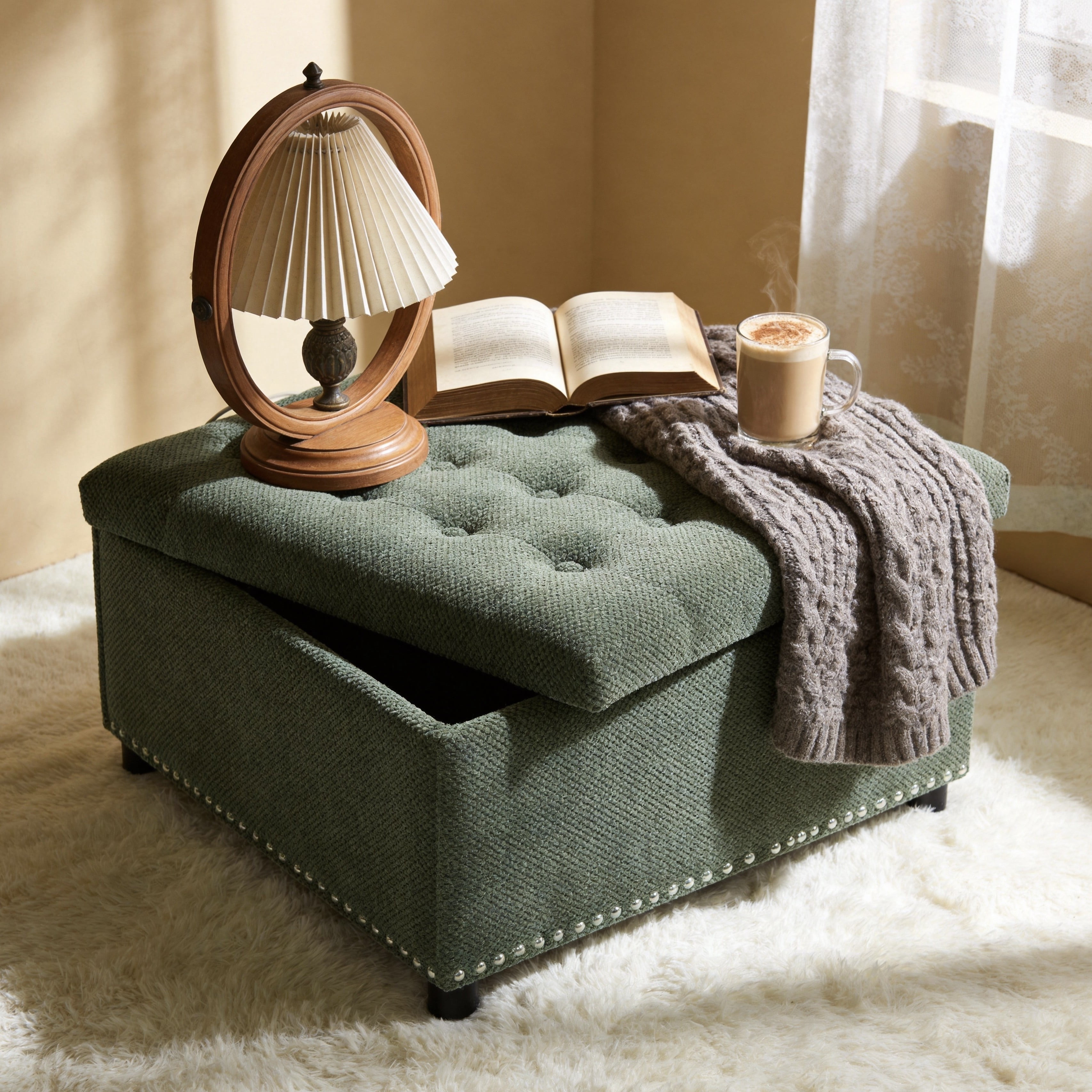 MOONMISS Square Storage Ottoman with Nailhead Trim , Upholstered Coffee Table for Bedroom Storage, Living Room Accent,Green
