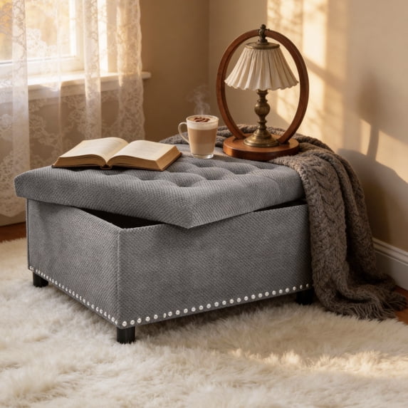 MOONMISS Square Storage Ottoman with Nailhead Trim , Upholstered Coffee Table for Bedroom Storage, Living Room Accent,Light Gray