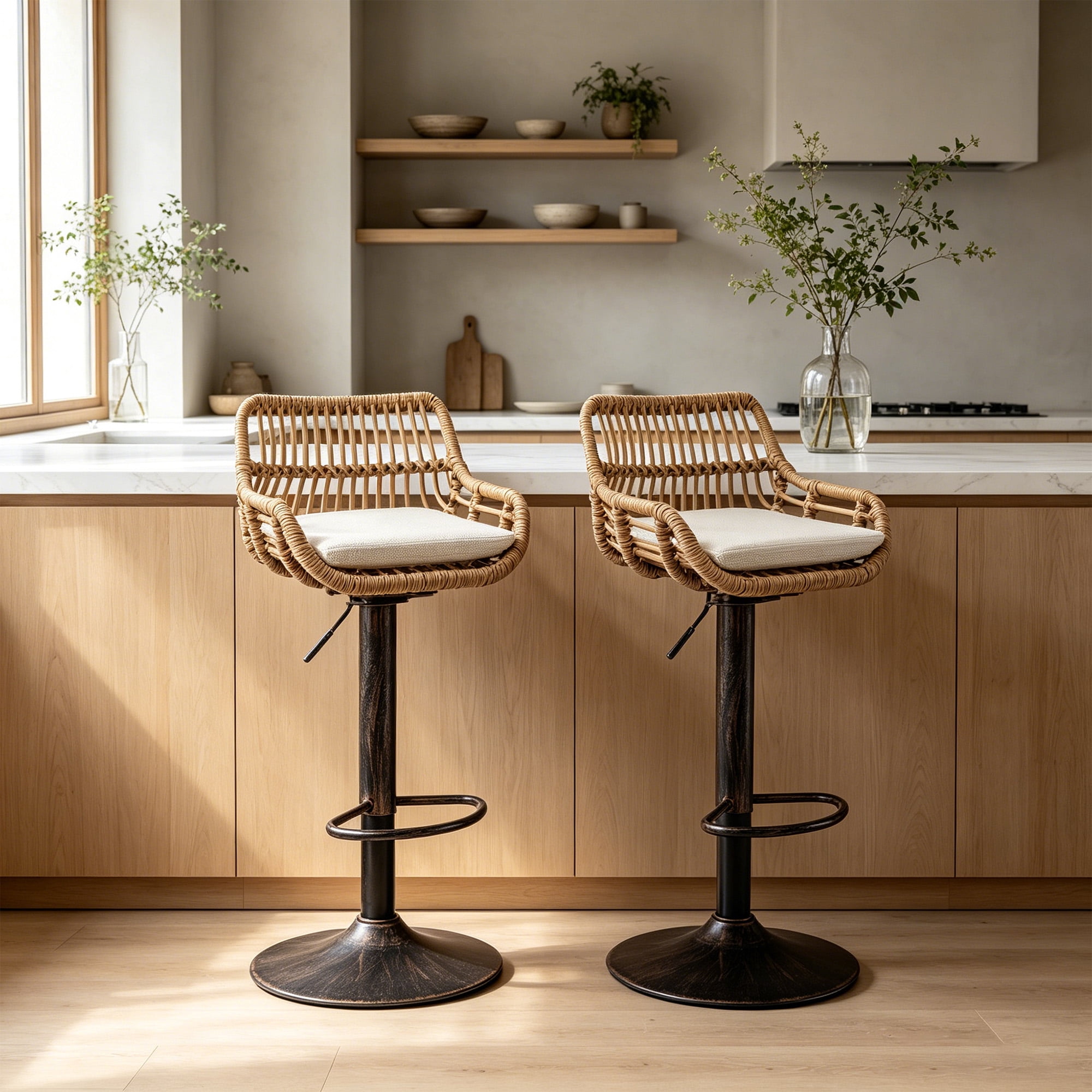 MOONMISS Swivel Bar Stools Set of 2, Modern Adjustable Counter Height Barstools with Back, Rattan Bar Chairs with Cushions & Metal Footrest, Pub Stools for Kitchen, Bar, Dining Room,Beige