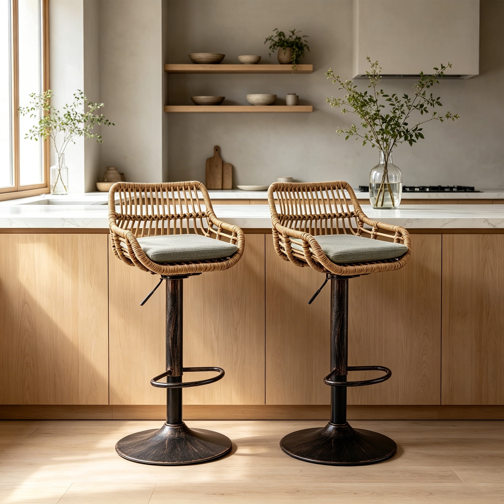 MOONMISS Swivel Bar Stools Set of 2, Modern Adjustable Counter Height Barstools with Back, Rattan Bar Chairs with Cushions & Metal Footrest, Pub Stools for Kitchen, Bar, Dining Room,Gray