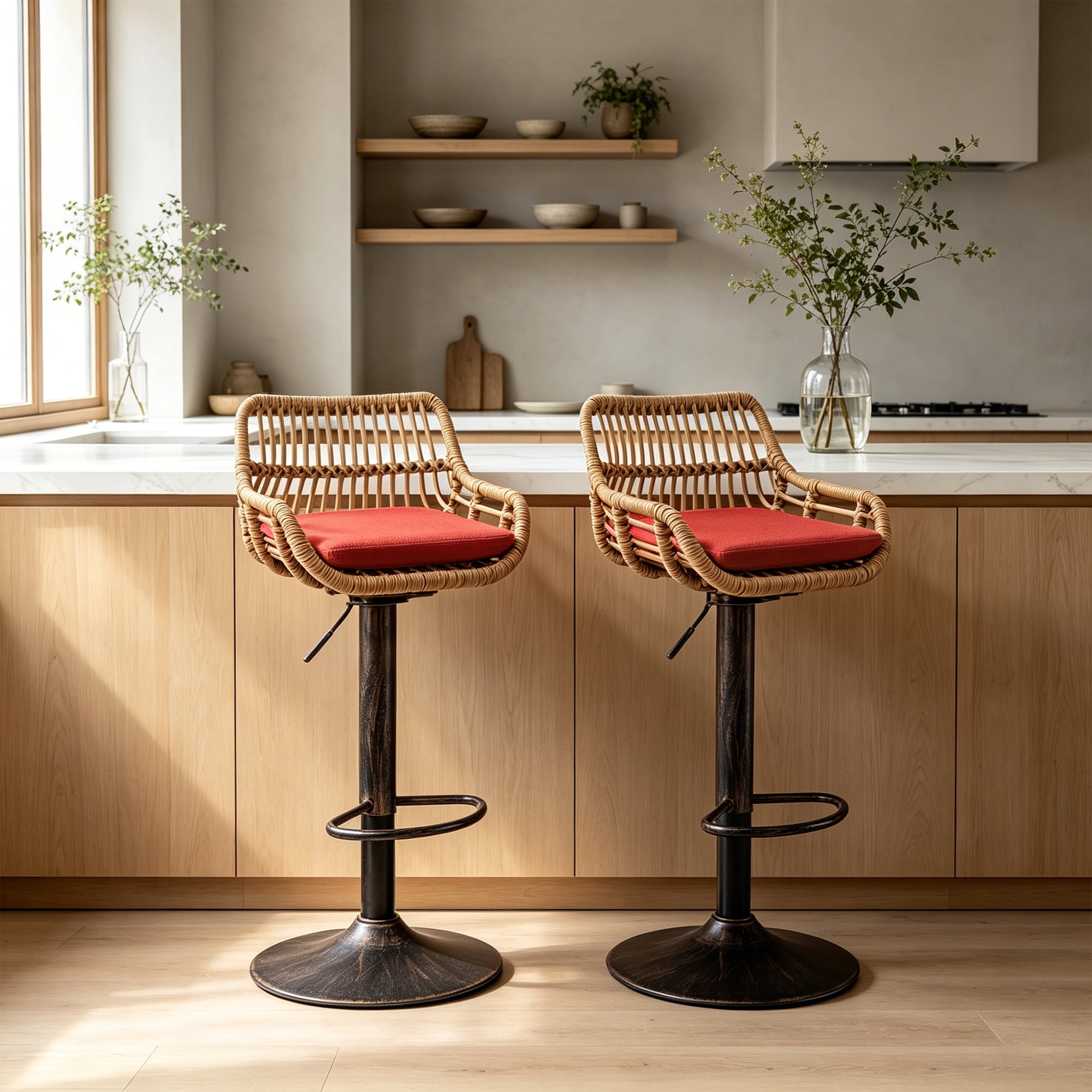 MOONMISS Swivel Bar Stools Set of 2, Modern Adjustable Counter Height Barstools with Back, Rattan Bar Chairs with Cushions & Metal Footrest, Pub Stools for Kitchen, Bar, Dining Room,Red