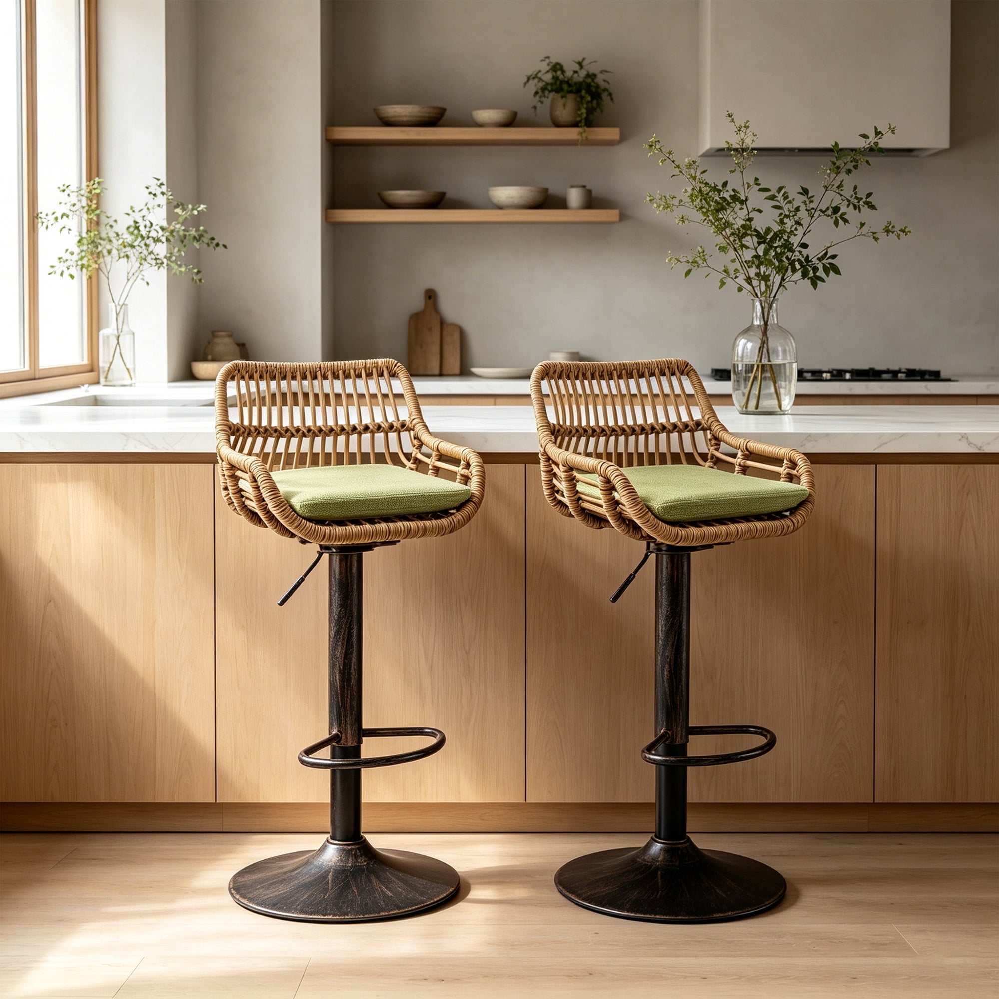 MOONMISS Swivel Bar Stools Set of 2, Modern Adjustable Counter Height Barstools with Back, Rattan Bar Chairs with Cushions & Metal Footrest, Pub Stools for Kitchen, Bar, Dining Room,Green