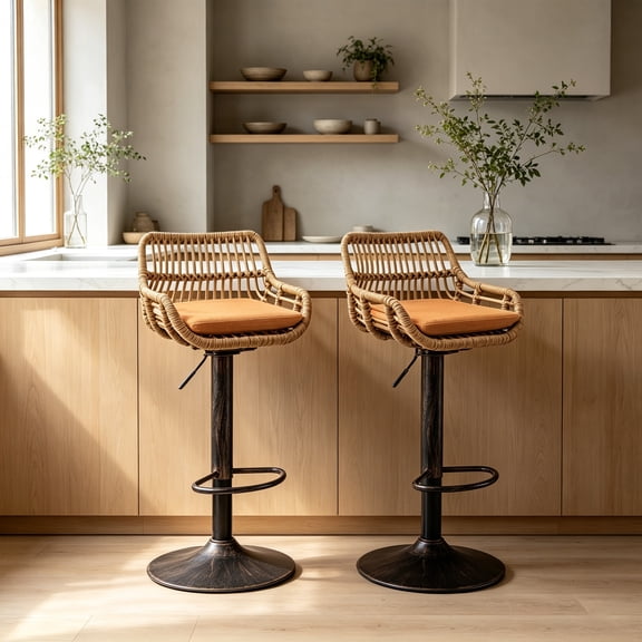 MOONMISS Swivel Bar Stools Set of 2, Modern Adjustable Counter Height Barstools with Back, Rattan Bar Chairs with Cushions & Metal Footrest, Pub Stools for Kitchen, Bar, Dining Room,Orange