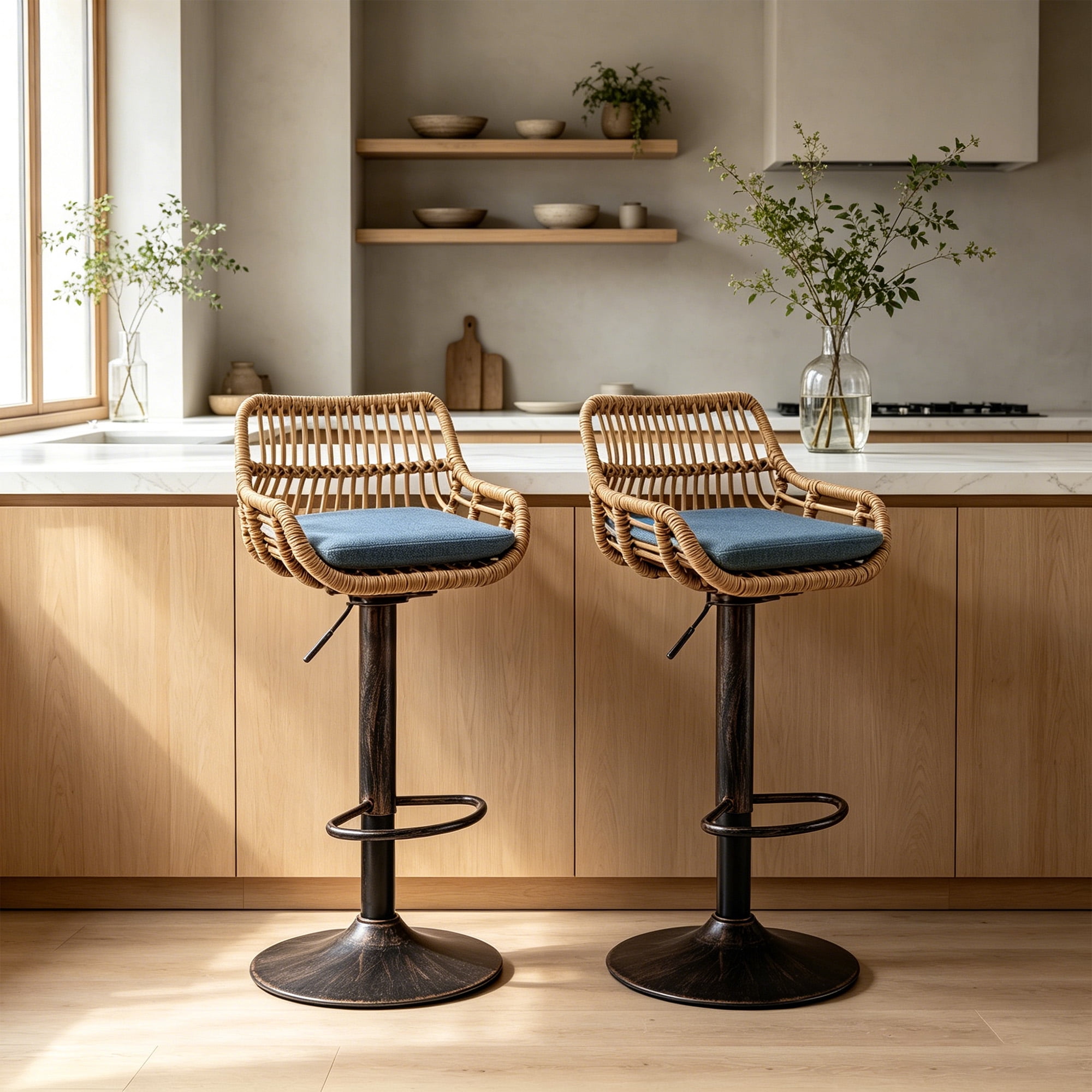 MOONMISS Swivel Bar Stools Set of 2, Modern Adjustable Counter Height Barstools with Back, Rattan Bar Chairs with Cushions & Metal Footrest, Pub Stools for Kitchen, Bar, Dining Room,Blue