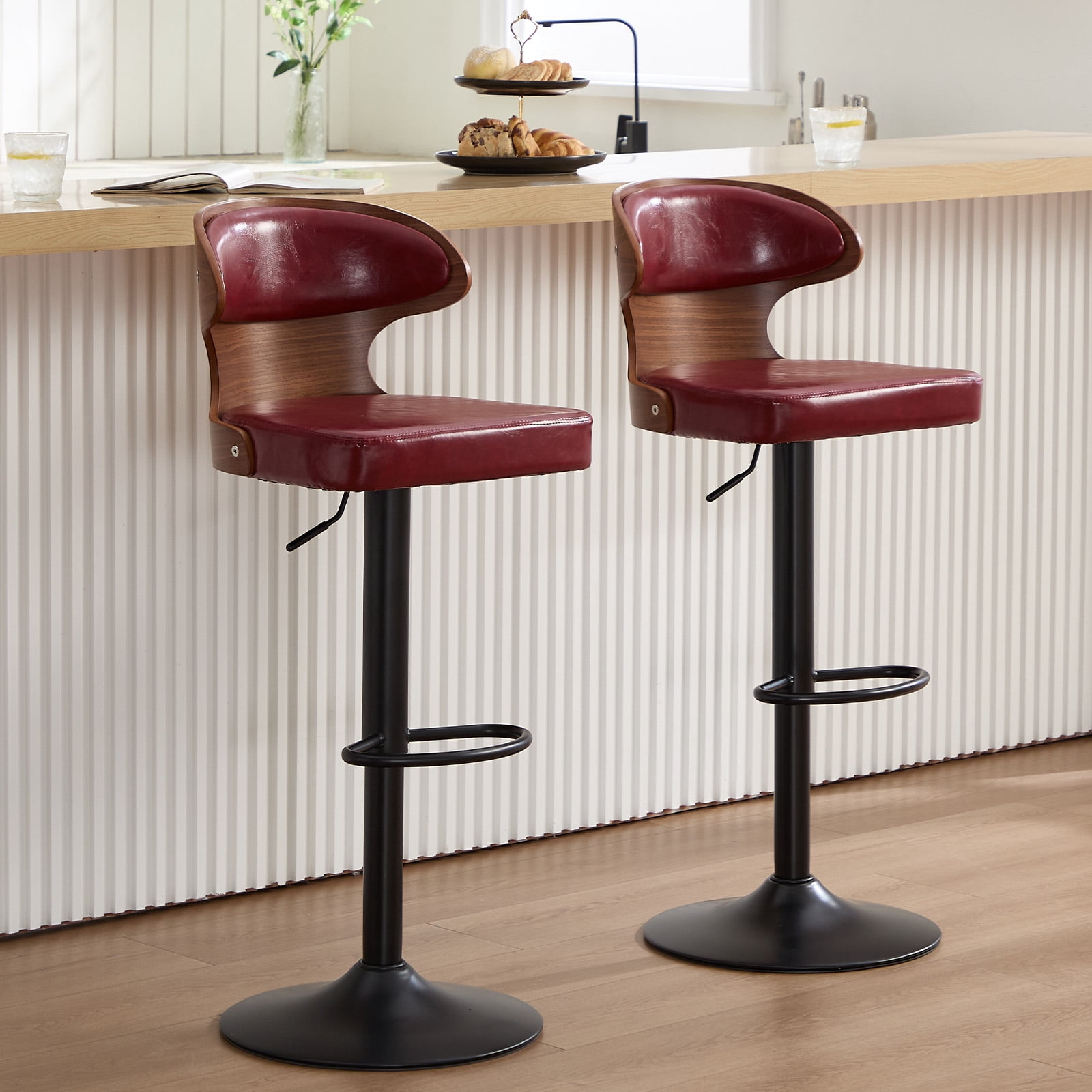 MOONMISS Swivel Bar Stools Set of 2, Wooden Kitchen Bar Chairs with Back, PU Leather Counter Height Barstools for Kitchen Island,Wine Red