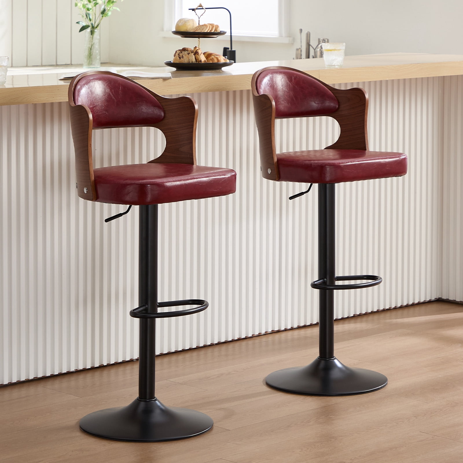 MOONMISS Swivel Bar Stools Set of 2, Wooden Kitchen Bar Chairs with Back, PU Leather Counter Height Barstools for Kitchen Island,Wine Red