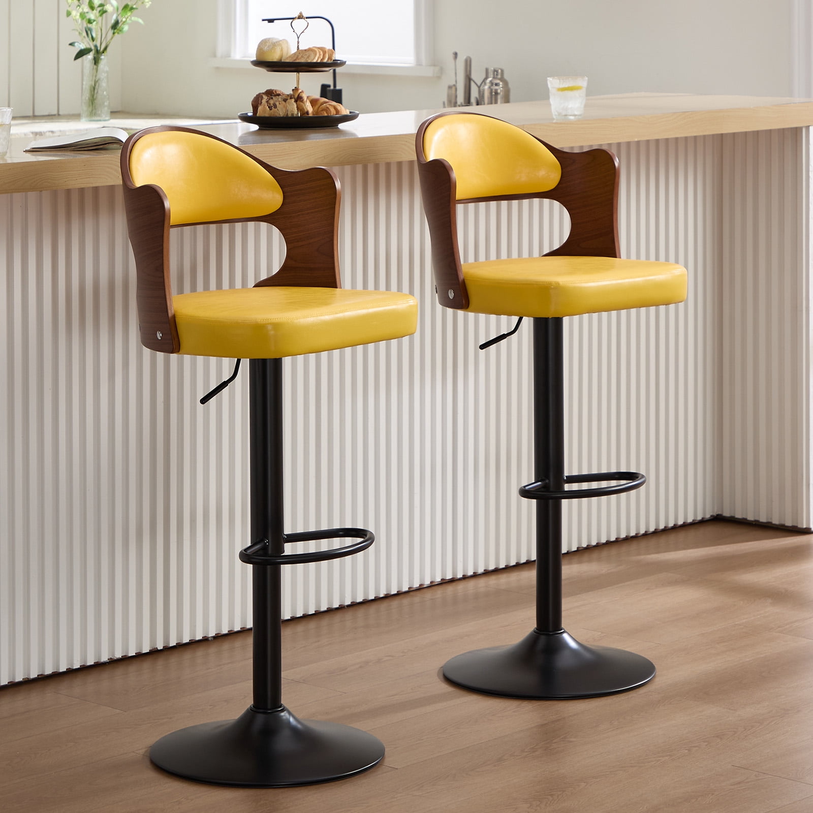 MOONMISS Swivel Bar Stools Set of 2, Wooden Kitchen Bar Chairs with Back, PU Leather Counter Height Barstools for Kitchen Island,Yellow