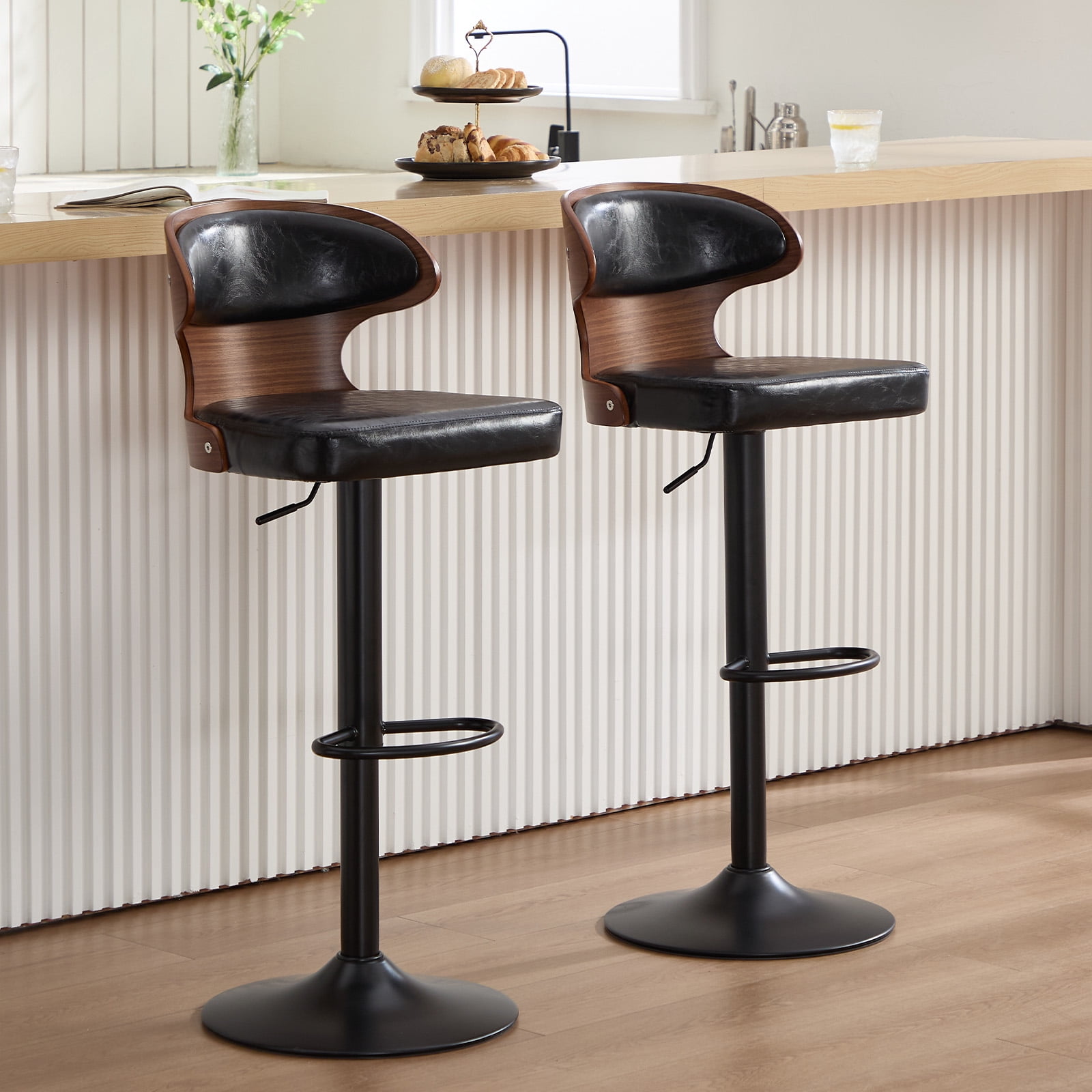 MOONMISS Swivel Bar Stools Set of 2, Wooden Kitchen Bar Chairs with Back, PU Leather Counter Height Barstools for Kitchen Island,
