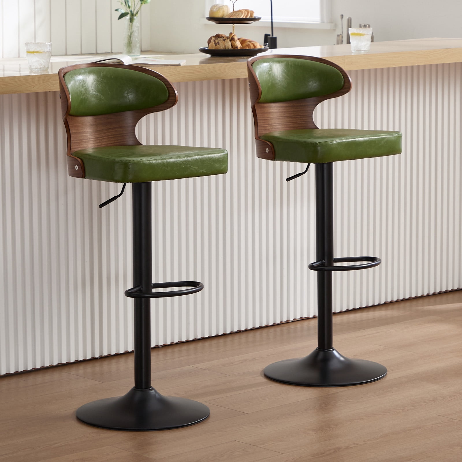 MOONMISS Swivel Bar Stools Set of 2, Wooden Kitchen Bar Chairs with Back, PU Leather Counter Height Barstools for Kitchen Island,