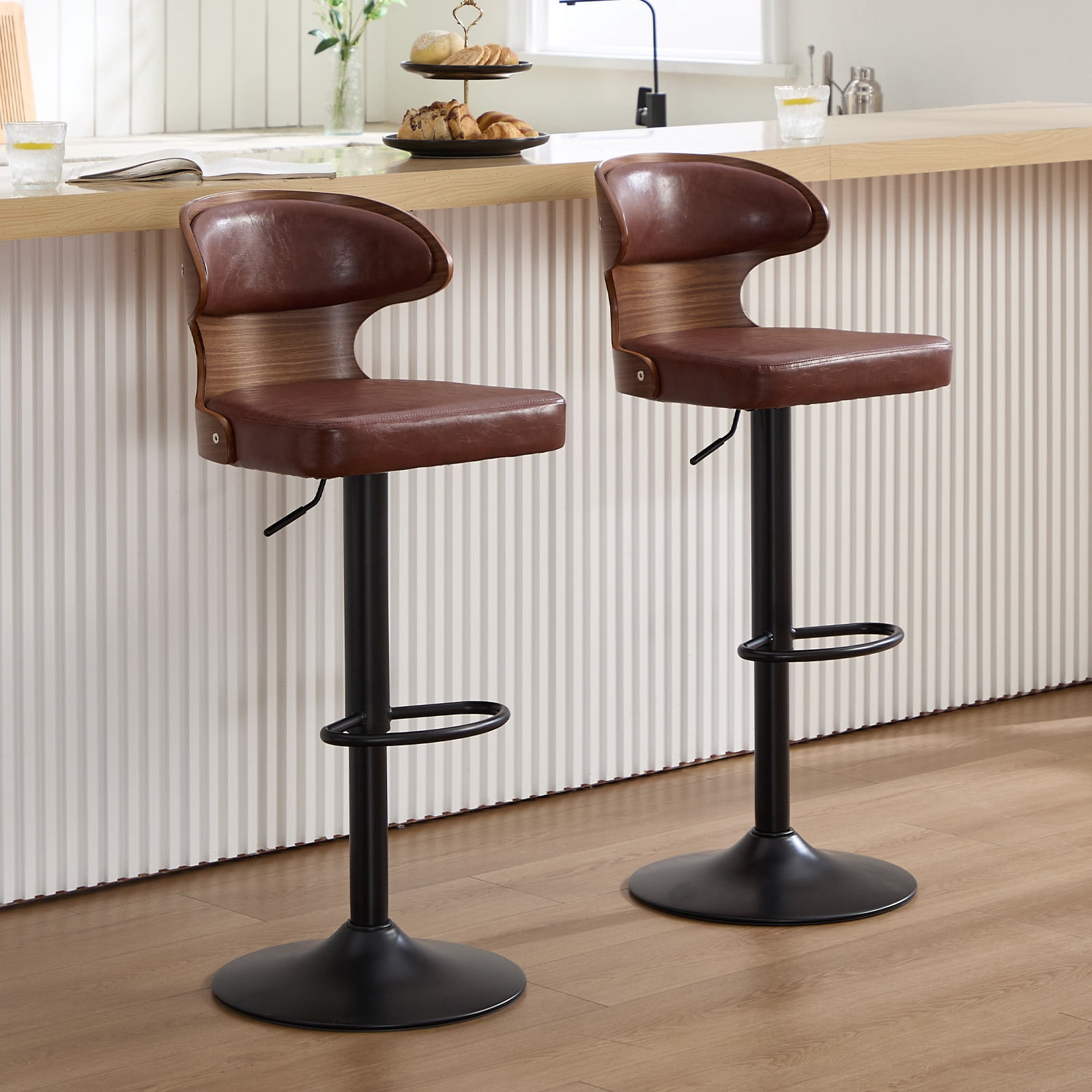 MOONMISS Swivel Bar Stools Set of 2, Wooden Kitchen Bar Chairs with Back, PU Leather Counter Height Barstools for Kitchen Island,
