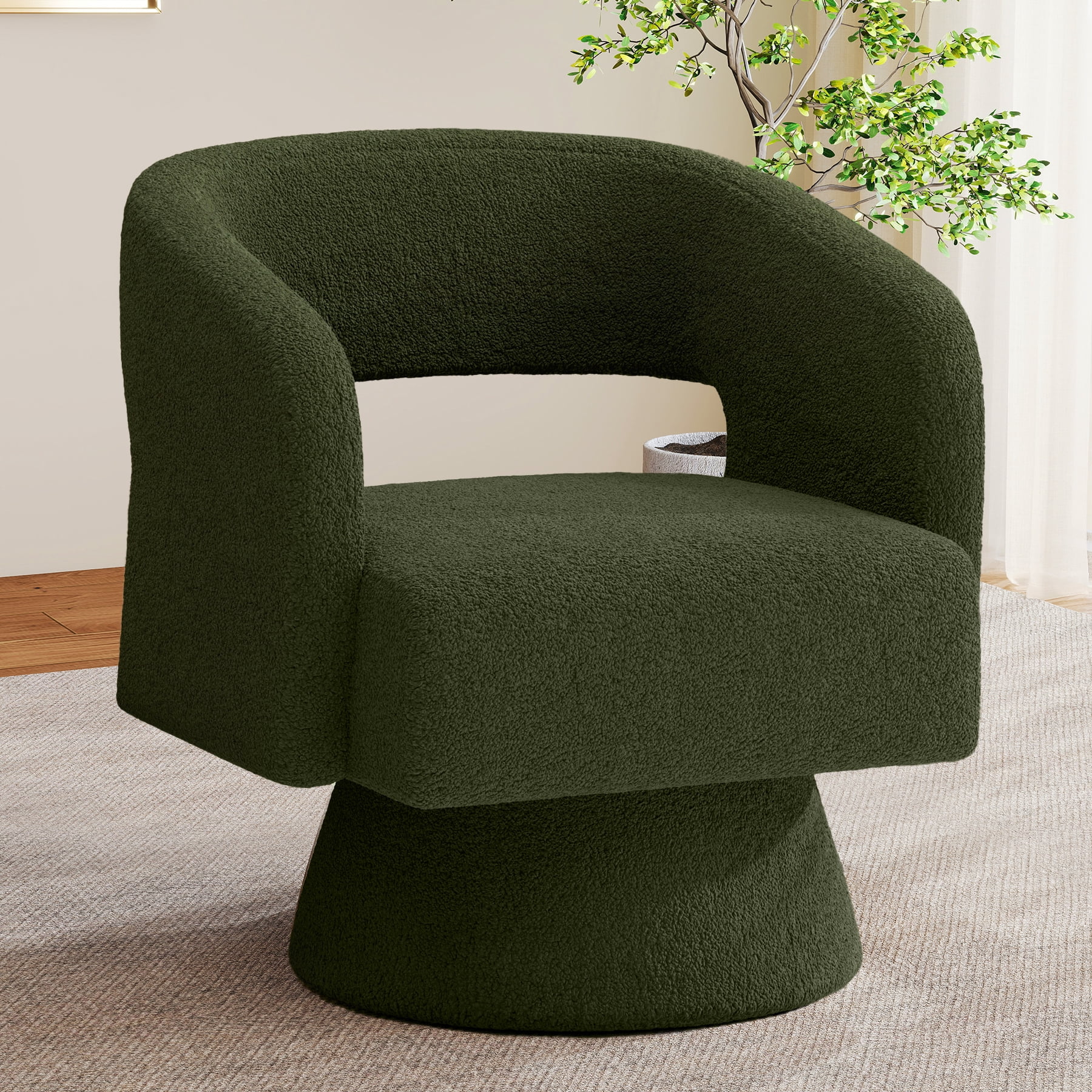 MOONMISS Swivel Barrel Accent Chair,Oversized Teddy Upholstered Round Swivel Chair,Modern Luxury 360 Degree Living Room Vanity Chair for Bedroom Office,Green