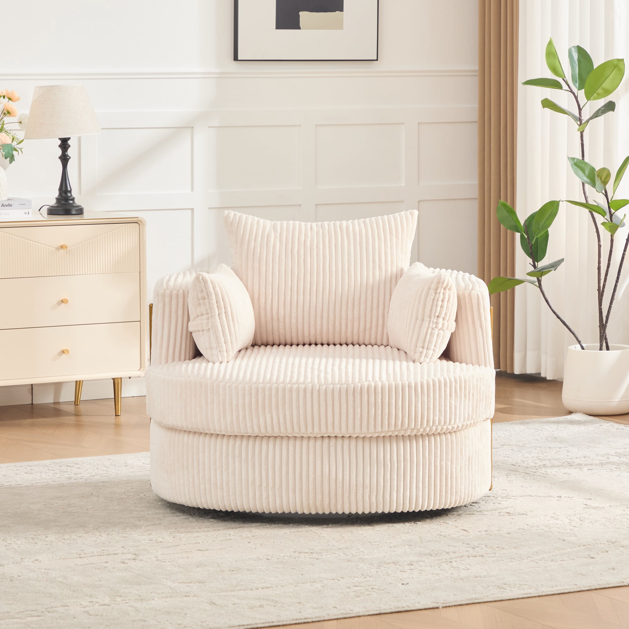 MOONMISS Swivel Barrel Accent Chair with Hidden Storage,Corduroy Round Single Sofa,Gold Metal Frame,for Living Room Reading Nook,Beige
