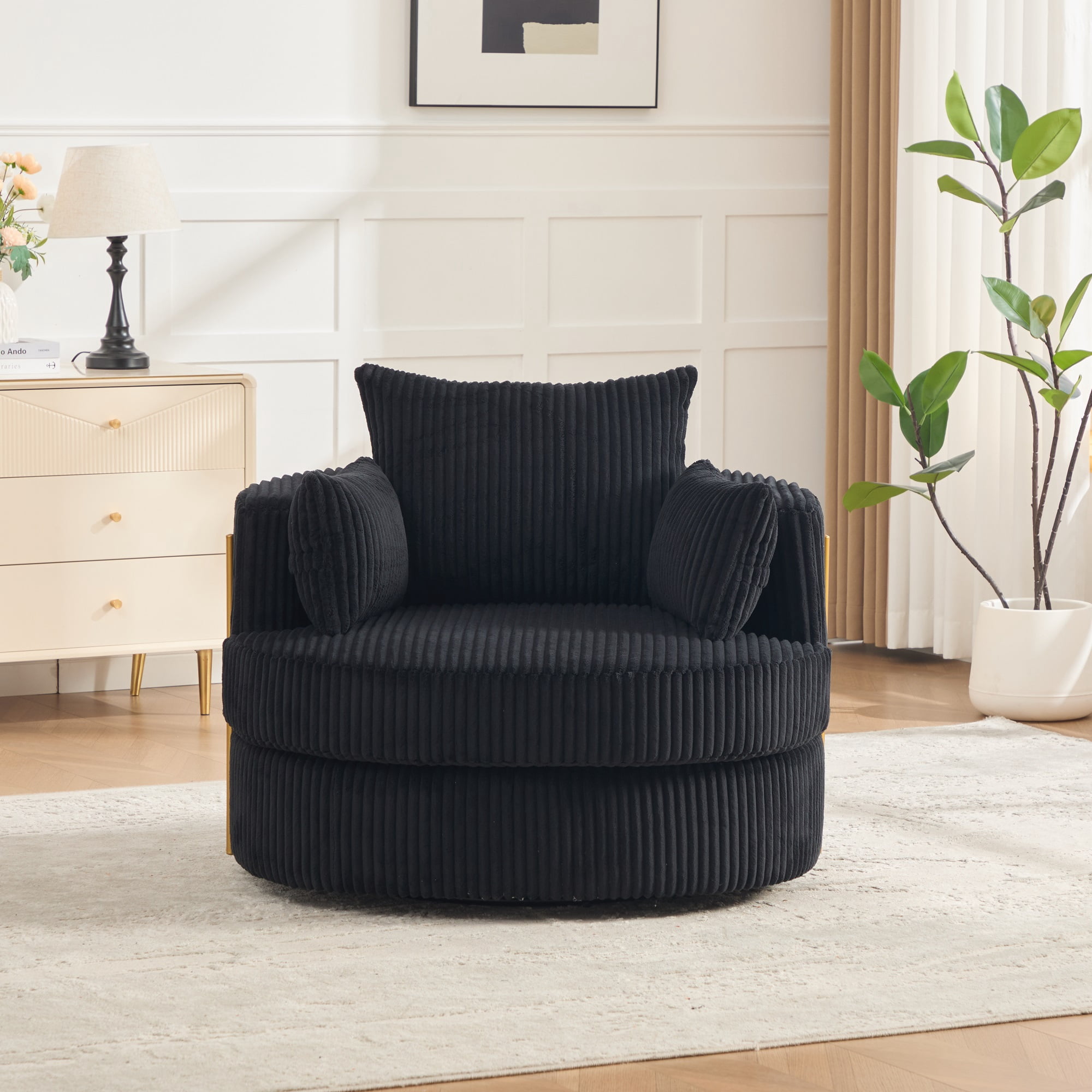 MOONMISS Swivel Barrel Accent Chair with Hidden Storage,Corduroy Round Single Sofa,Gold Metal Frame,for Living Room Reading Nook,Black