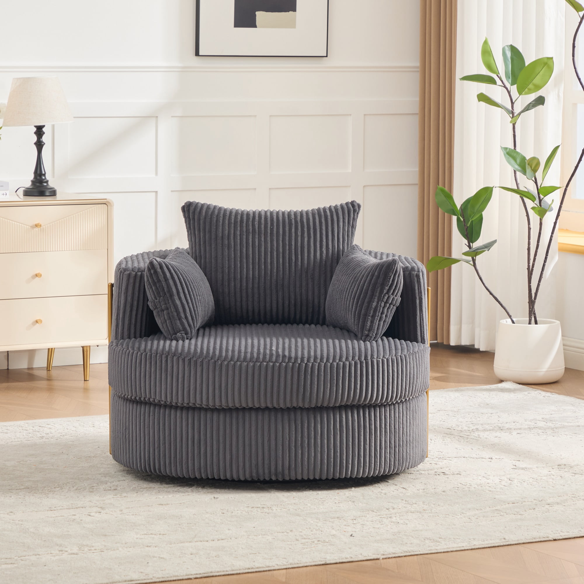 MOONMISS Swivel Barrel Accent Chair with Hidden Storage,Corduroy Round Single Sofa,Gold Metal Frame,for Living Room Reading Nook,Gray