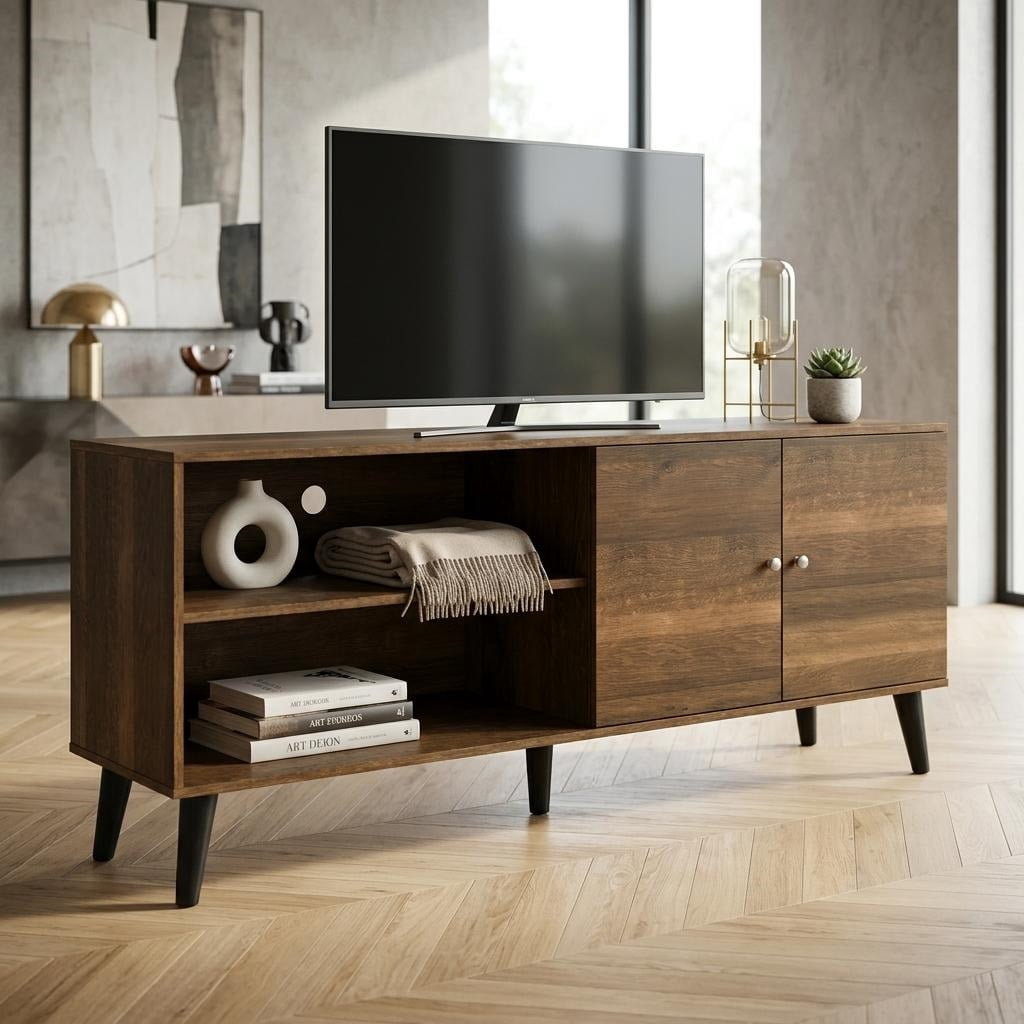 MOONMISS TV Stand for TVs up to 70",with 2 Storage Shelves& 1 Cabinet,Wood Modern Entertainment Centre for TV in Living Room,Brown