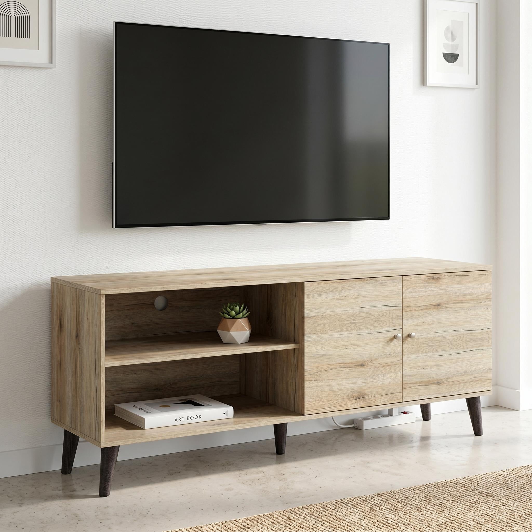MOONMISS TV Stand for TVs up to 70",with 2 Storage Shelves& 1 Cabinet,Wood Modern Entertainment Centre for TV in Living Room,Oak