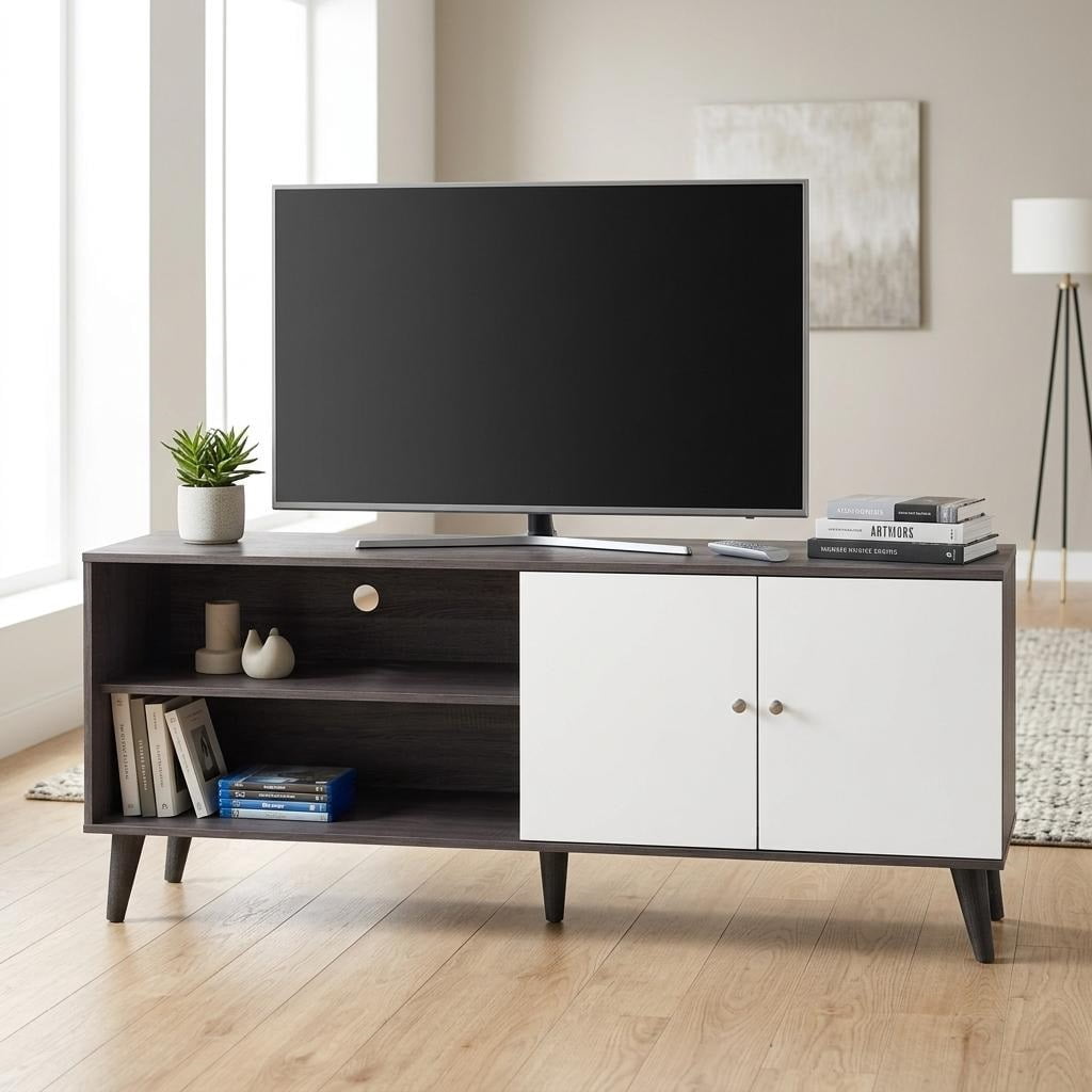 MOONMISS TV Stand for TVs up to 70",with 2 Storage Shelves& 1 Cabinet,Wood Modern Entertainment Centre for TV in Living Room,gray