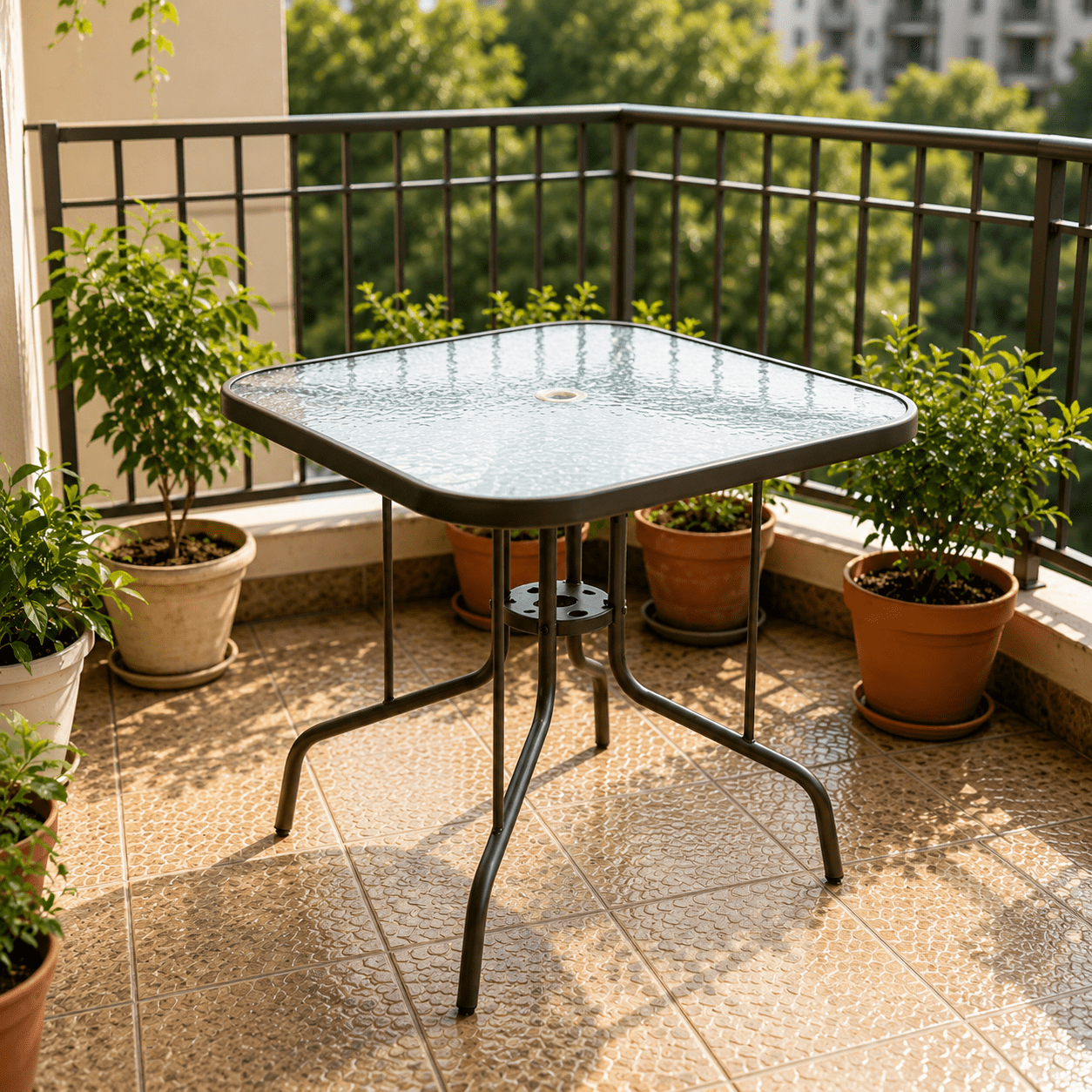 MOONMISS Tangkula 35 Inch Patio Dining Table with Tempered Glass Top with 1.5" Umbrella Hole & Sturdy Metal Frame, Patio Dining Table for Backyard, Lawn, Deck & Poolside