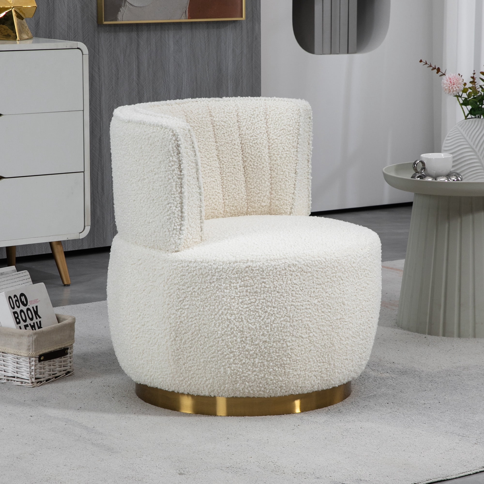 MOONMISS Teddy Fabric Upholstered 360 Degree Swivel Armless Round Barrel Chairs for Living Room-White