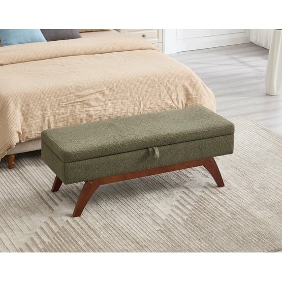 MOONMISS Teddy Fabric Upholstered Solid Wood Frame Bed End Stool with Storage Function-Green