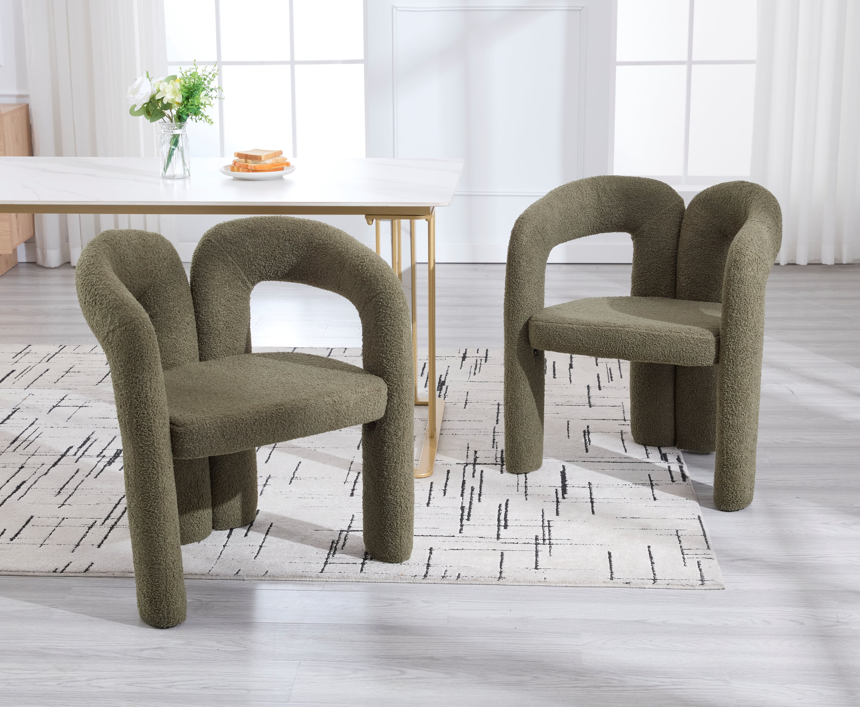 MOONMISS Teddy Fabric Upholstered Wood Frame Contemporary Designed Dining Side Chair（set of 2）-Olive Green