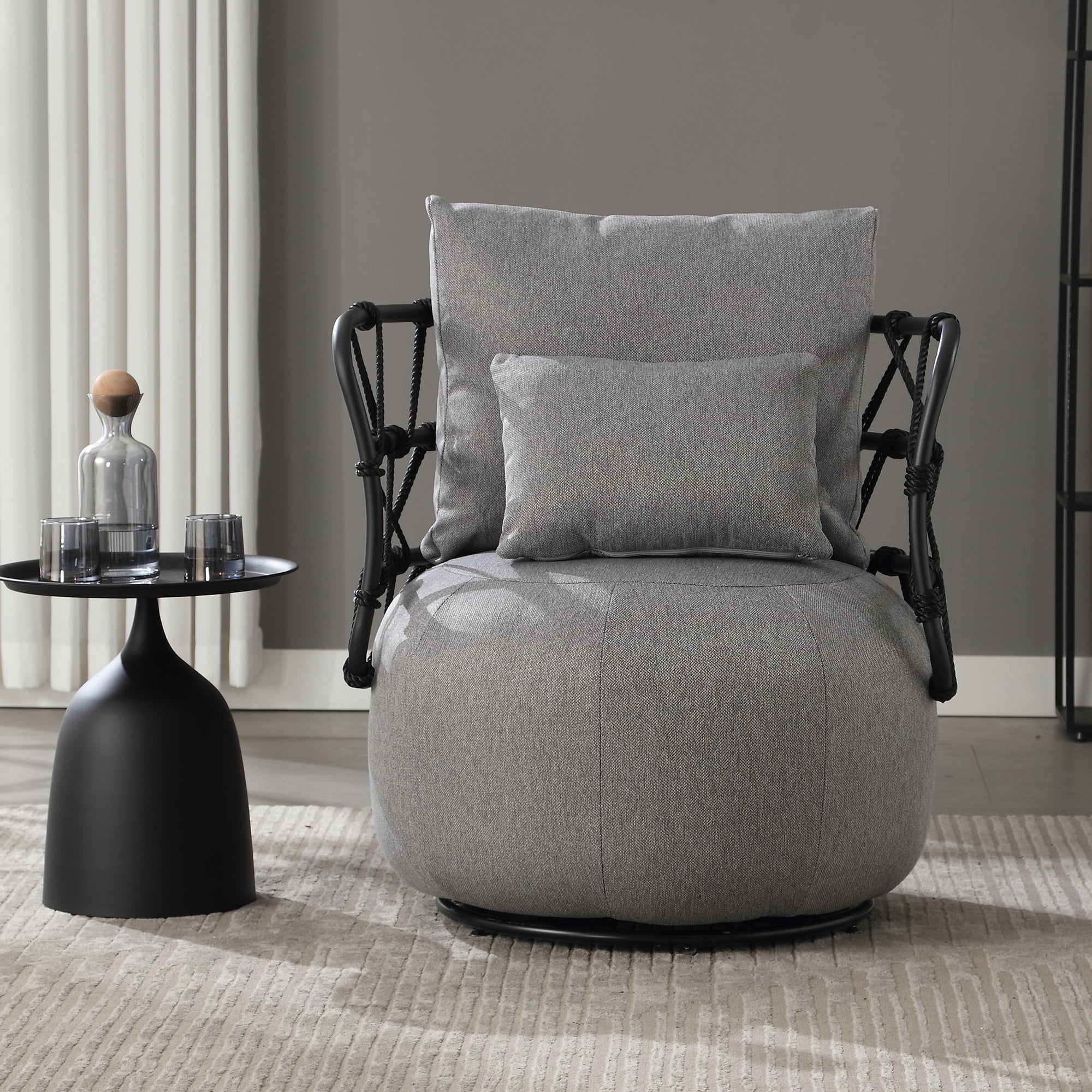 MOONMISS Textured Linen Fabric Upholstered Tufted Round Barrel Chair with 1 Pillow and Metal Stand-Grey