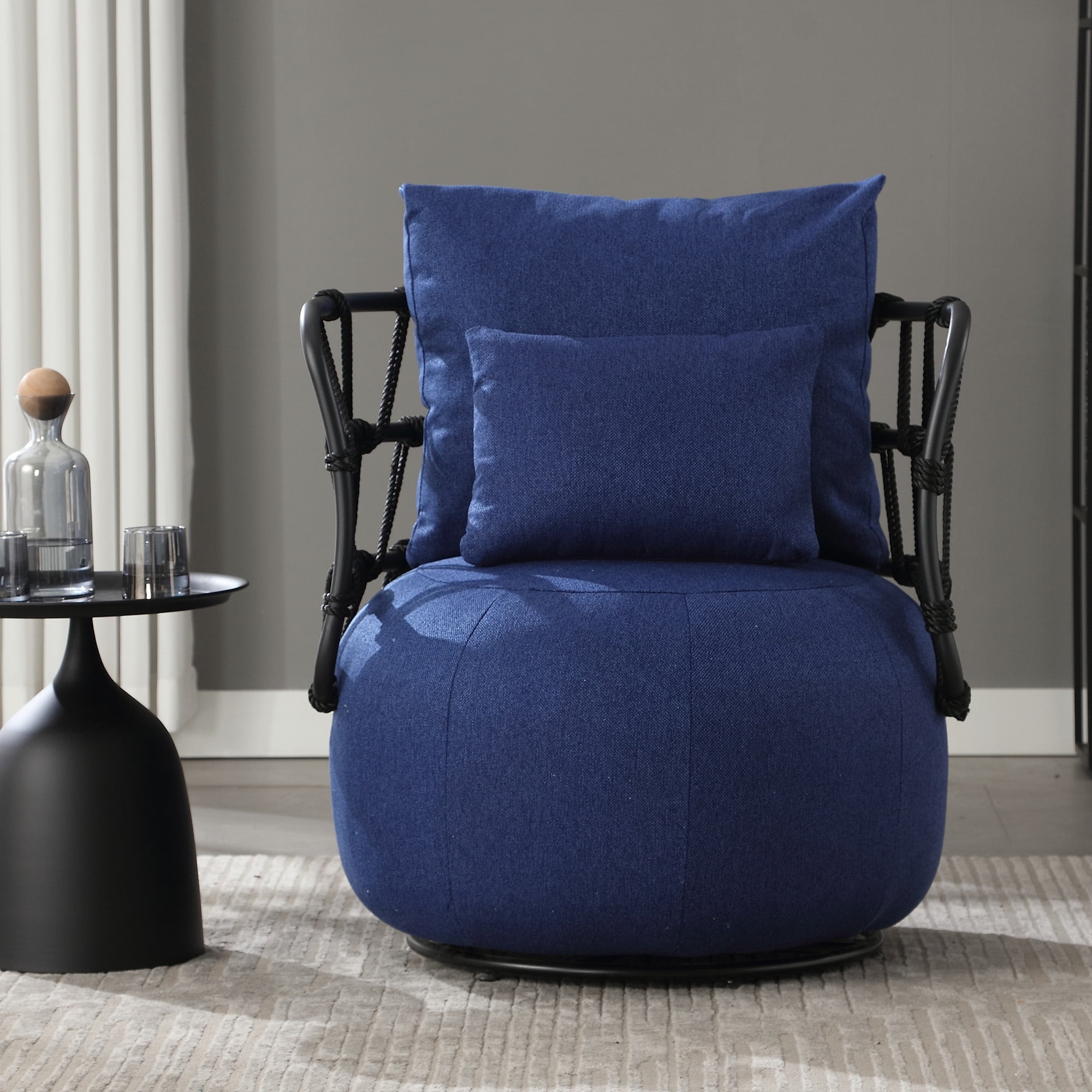 MOONMISS Textured Linen Fabric Upholstered Tufted Accent Chair with Metal Stand-Navy Blue