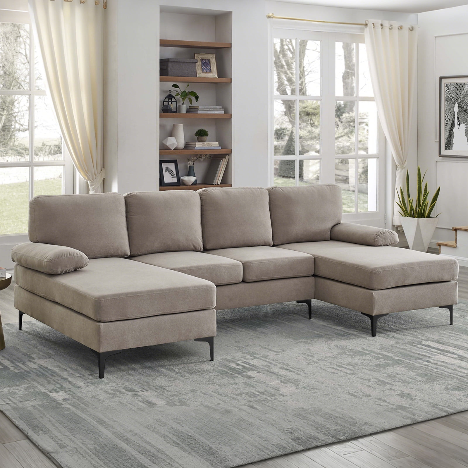 MOONMISS U-Shaped 4 Seats Sectional Sofa with Chaise for Living room, Brown