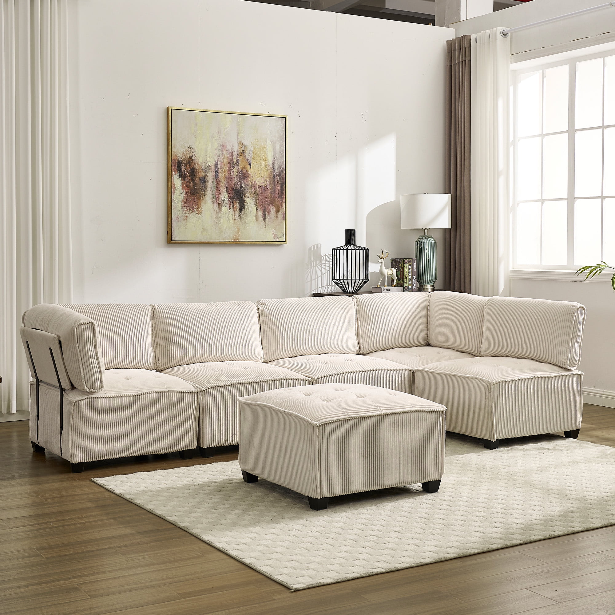 MOONMISS U-Shaped Corduroy Upholstered 6-Seat Convertible Modular Sectional Sofa Fit for Living Room-Beige