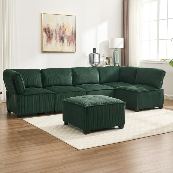 MOONMISS U-Shaped Corduroy Upholstered 6-Seat Convertible Modular Sectional Sofa Fit for Living Room-Emerald