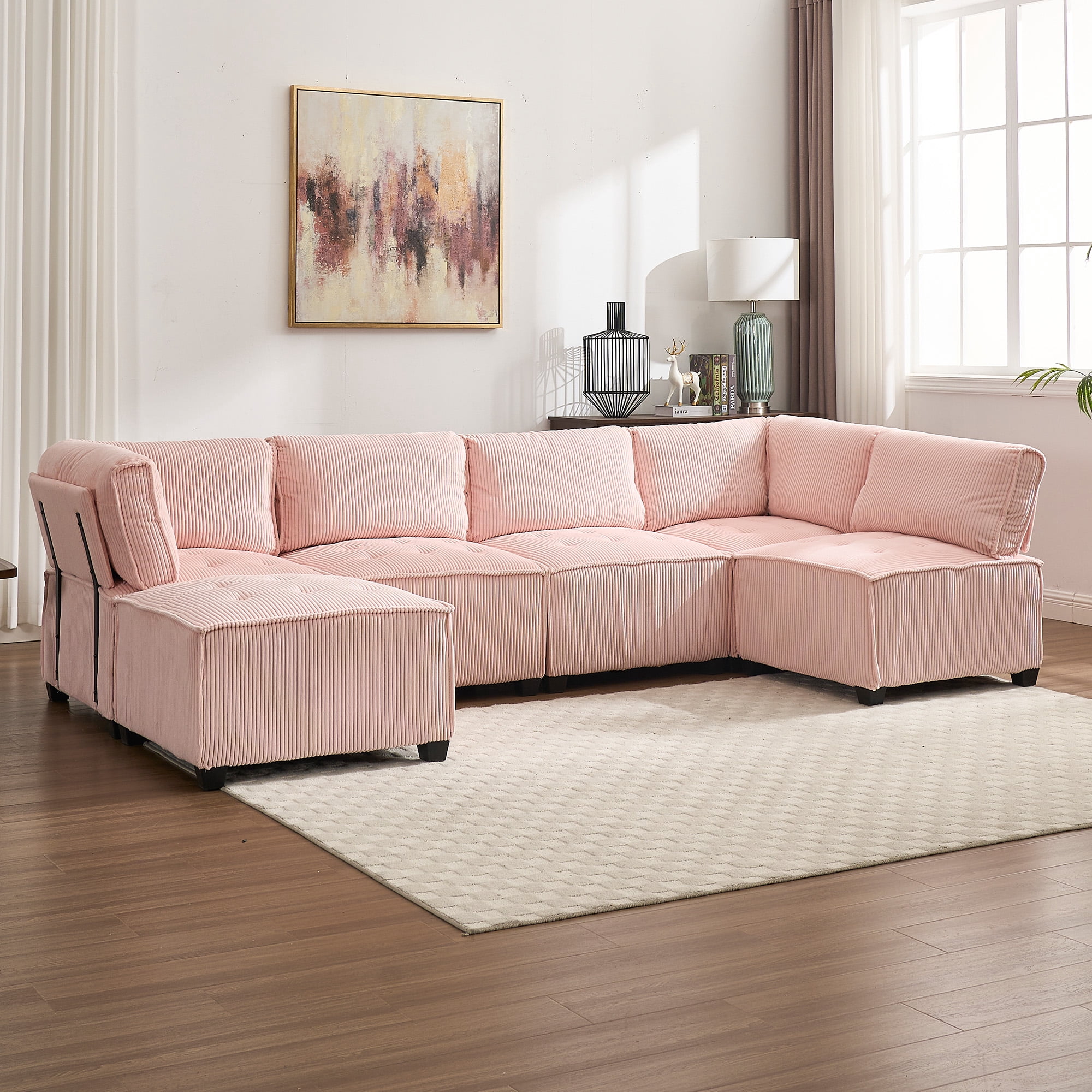 MOONMISS U-Shaped Corduroy Upholstered 6-Seat Convertible Modular Sectional Sofa Fit for Living Room-Pink