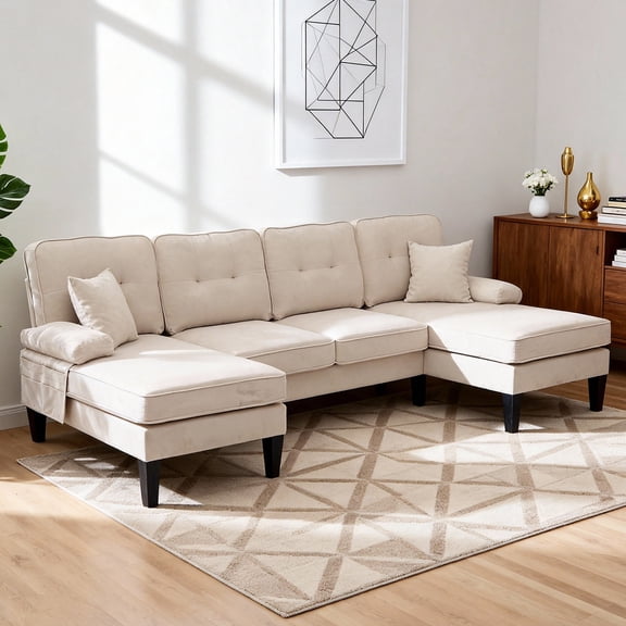 MOONMISS U-Shaped Sectional Sofa, 4 Seater Sectional Couch with Chaise, Modular Sleeper Sectionals for Living Room-Beige