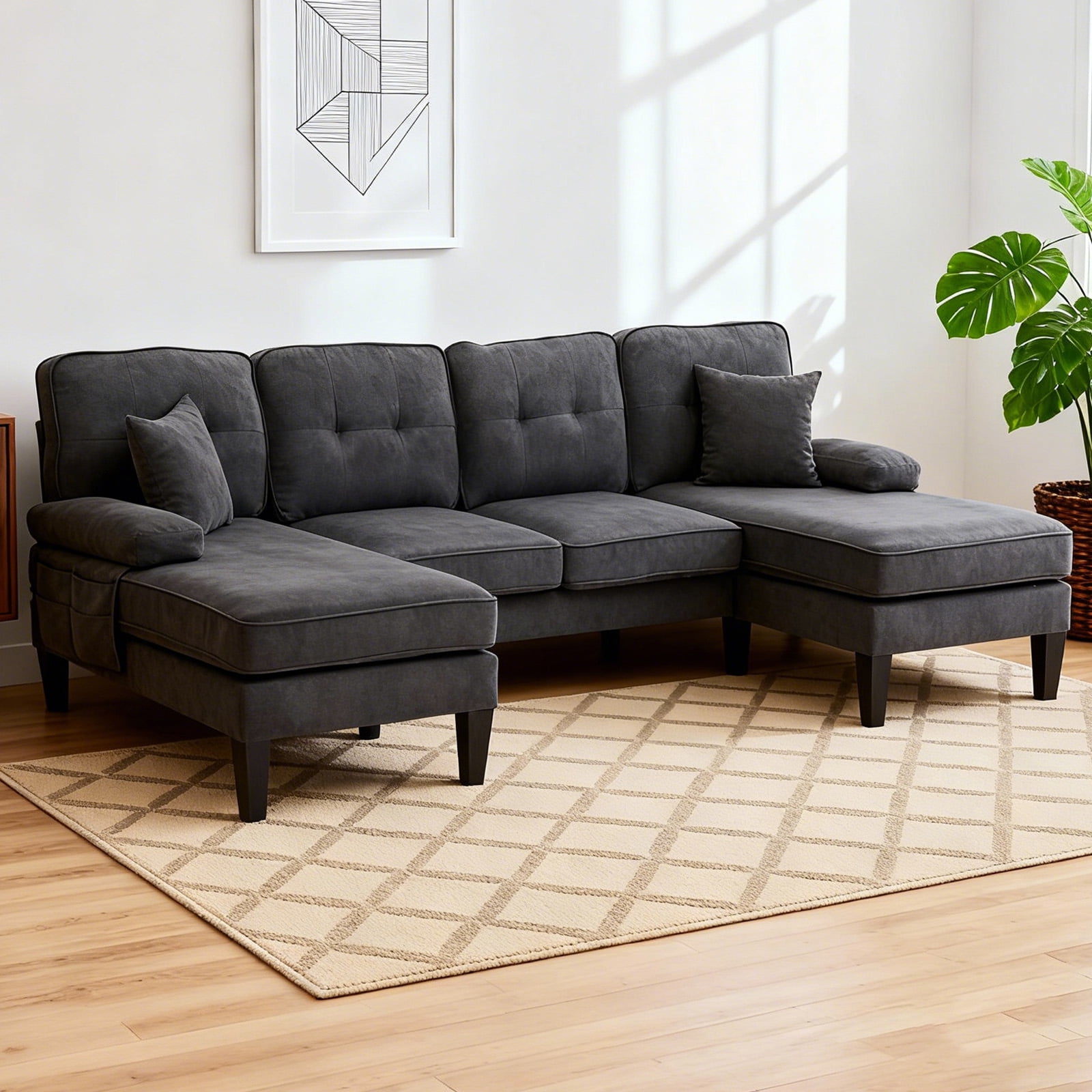 MOONMISS U-Shaped Sectional Sofa, 4 Seater Sectional Couch with Chaise, Modular Sleeper Sectionals for Living Room-Dark Grey