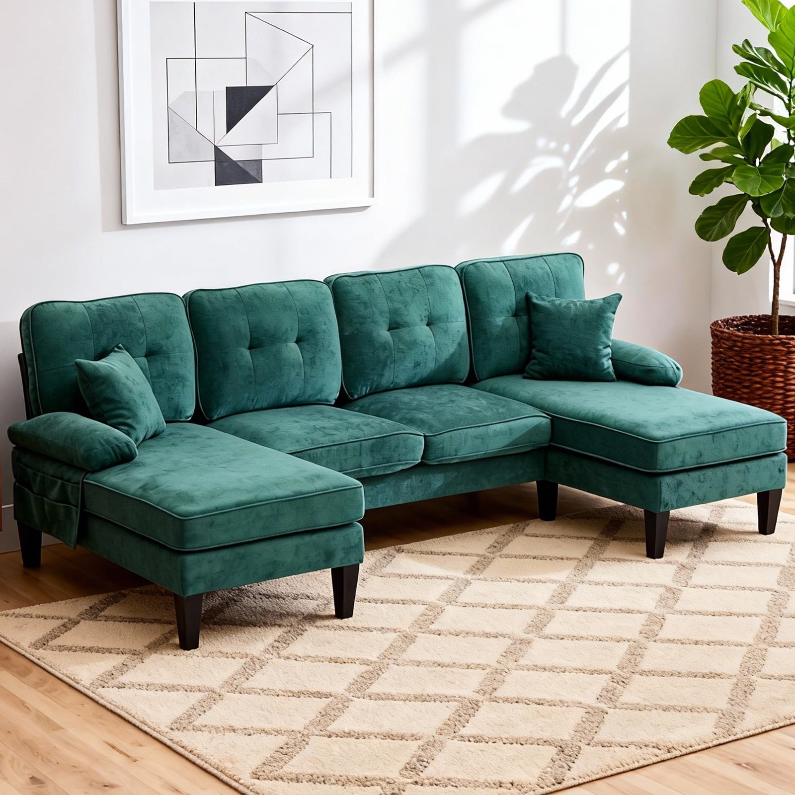 MOONMISS U-Shaped Sectional Sofa, 4 Seater Sectional Couch with Chaise, Modular Sleeper Sectionals for Living Room-Green