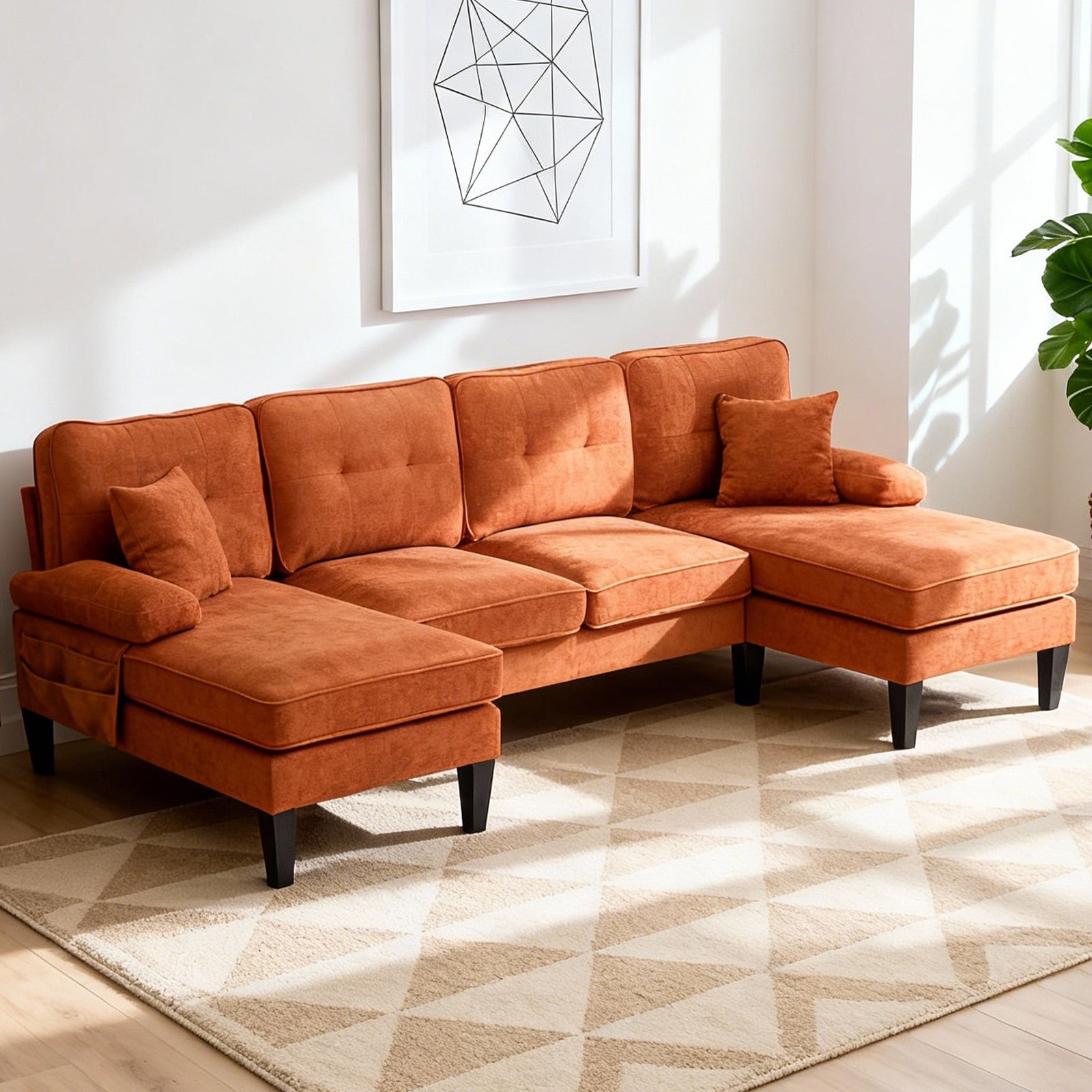 MOONMISS U-Shaped Sectional Sofa, 4 Seater Sectional Couch with Chaise, Modular Sleeper Sectionals for Living Room-Orange