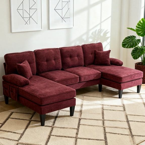 MOONMISS U-Shaped Sectional Sofa, 4 Seater Sectional Couch with Chaise, Modular Sleeper Sectionals for Living Room-Wine Red