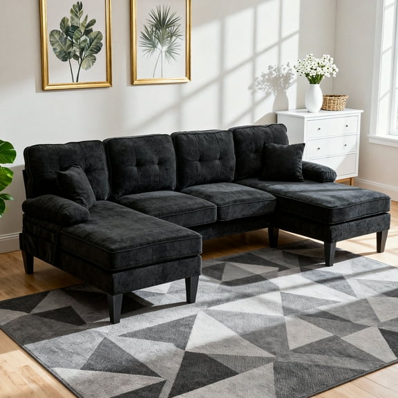 MOONMISS U-shaped Sectional Sofa,sectional Couches With Double Chaise,linen Fabric Couch For Living Room,Black