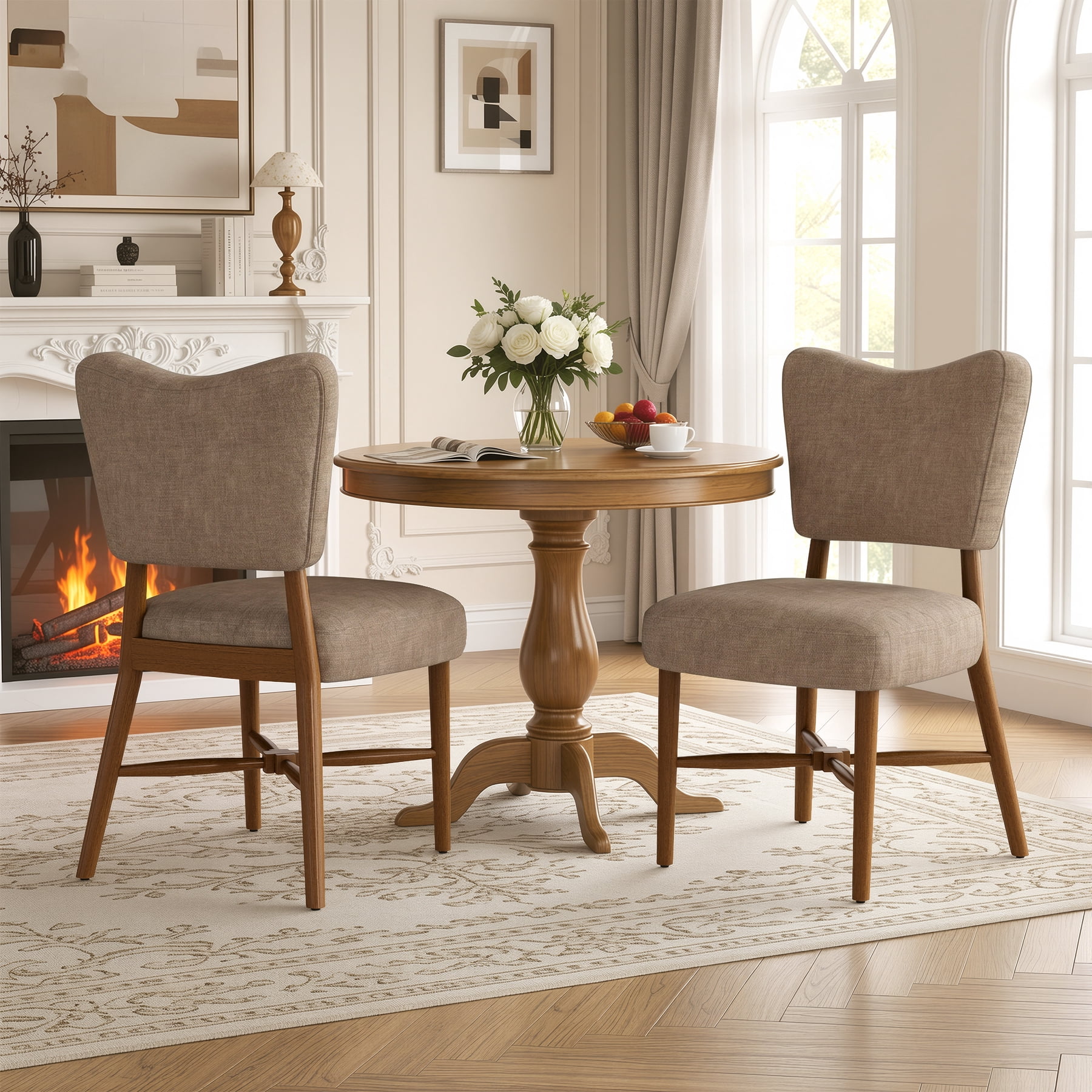 MOONMISS Upholstered Dining Chairs(Set of 2), Modern Farmhouse Accent Chairs with Solid Wood Legs, Fabric Kitchen & Dining Room Chairs,Brown